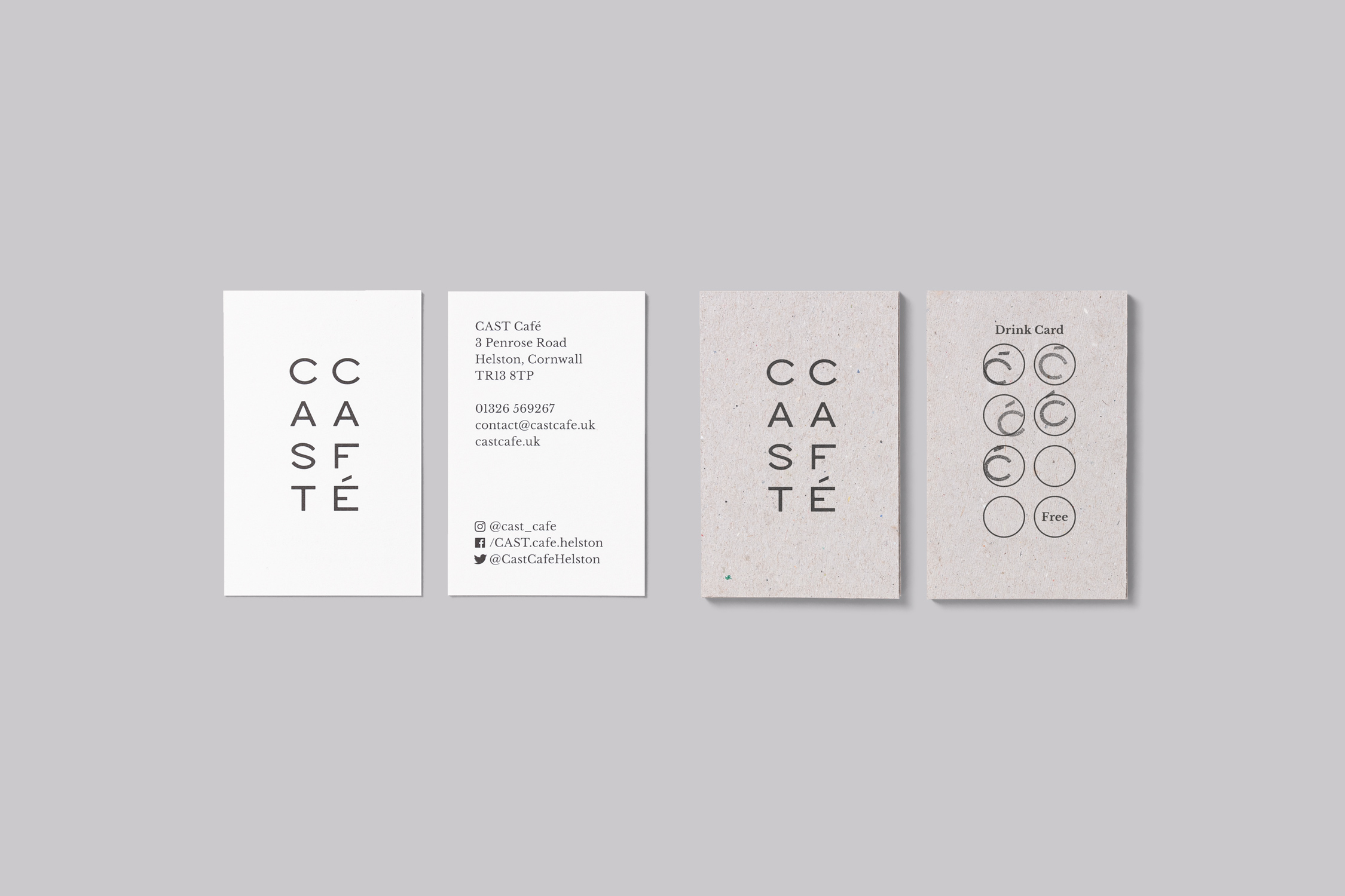 CAST Café Brand Identity business cards and loyalty cards