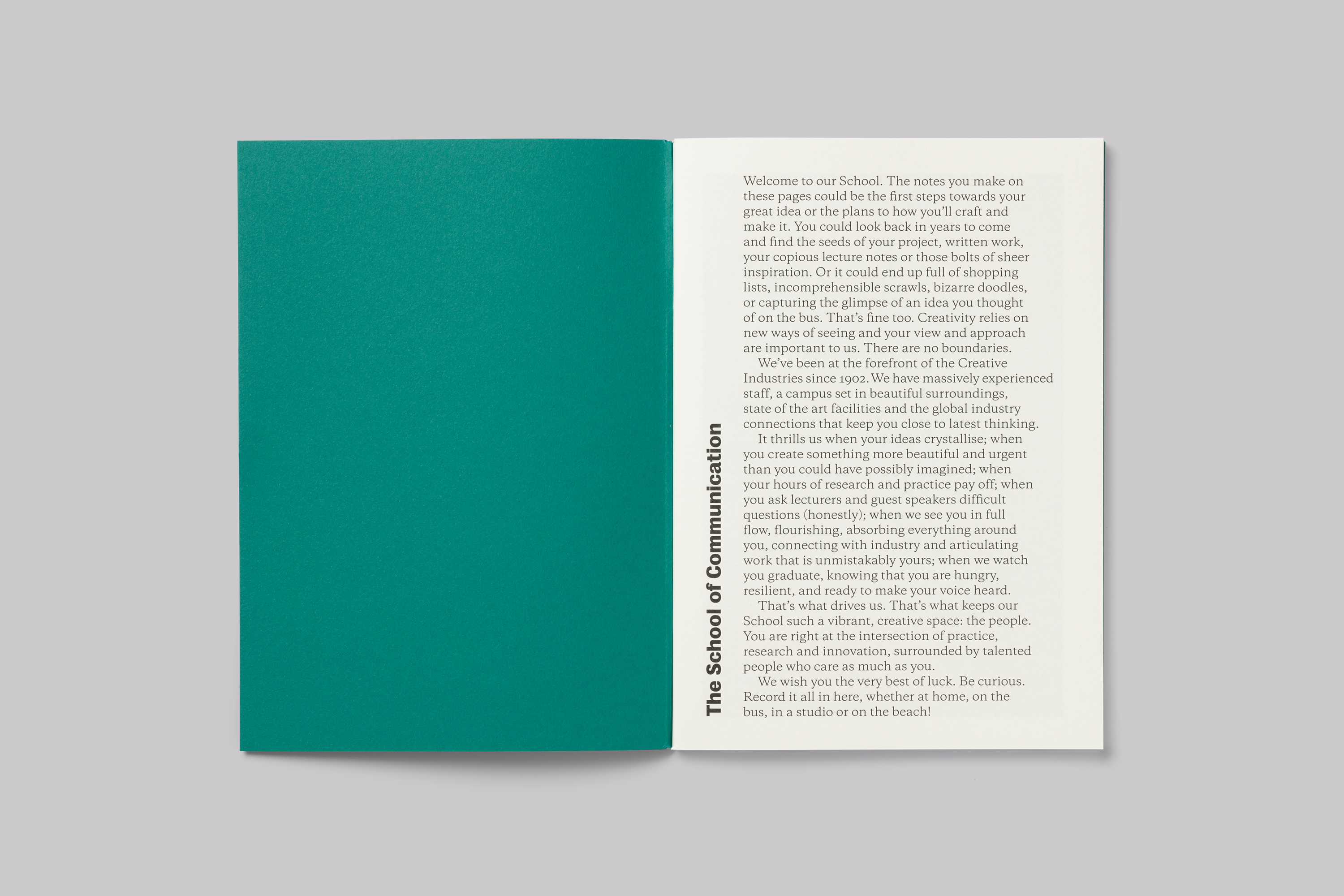 Notebook design, produced for Falmouth University to celebrate the new School of Communication.