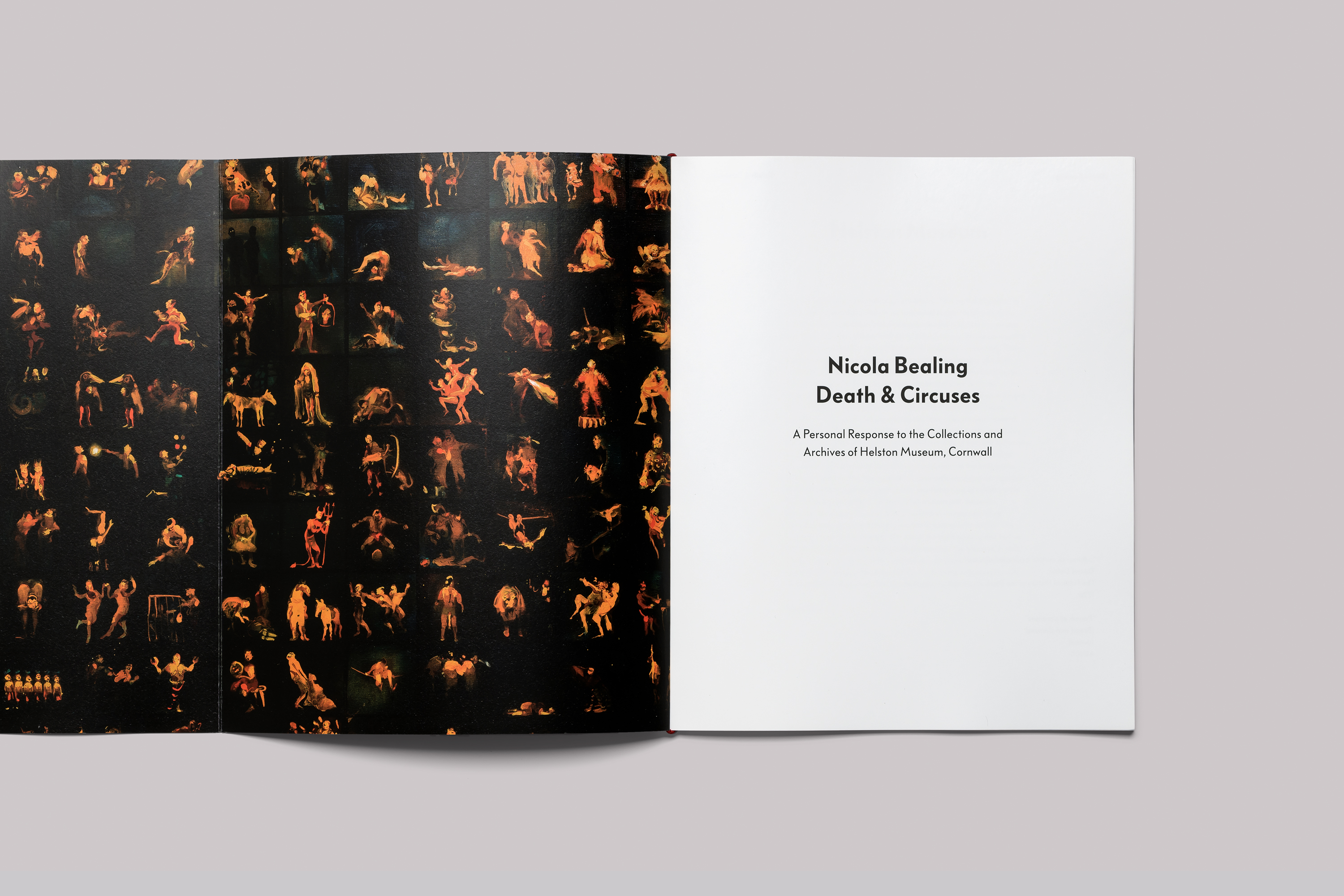 Exhibition catalogue design on the occasion of Nicola Bealing Death & Circuses, presented at Kestle Barton, on the Lizard, in Cornwall.