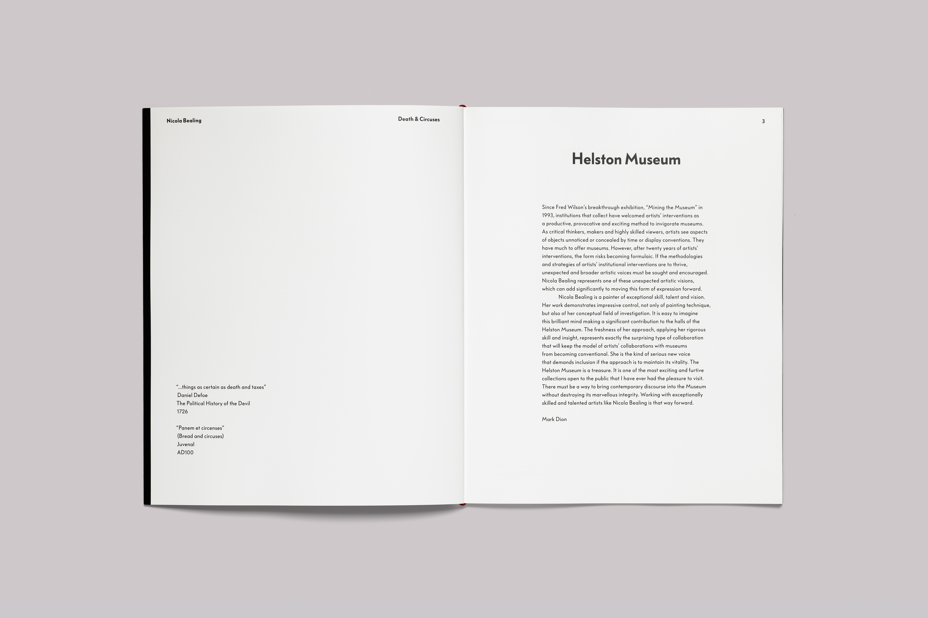 Exhibition catalogue design on the occasion of Nicola Bealing Death & Circuses, presented at Kestle Barton, on the Lizard, in Cornwall.