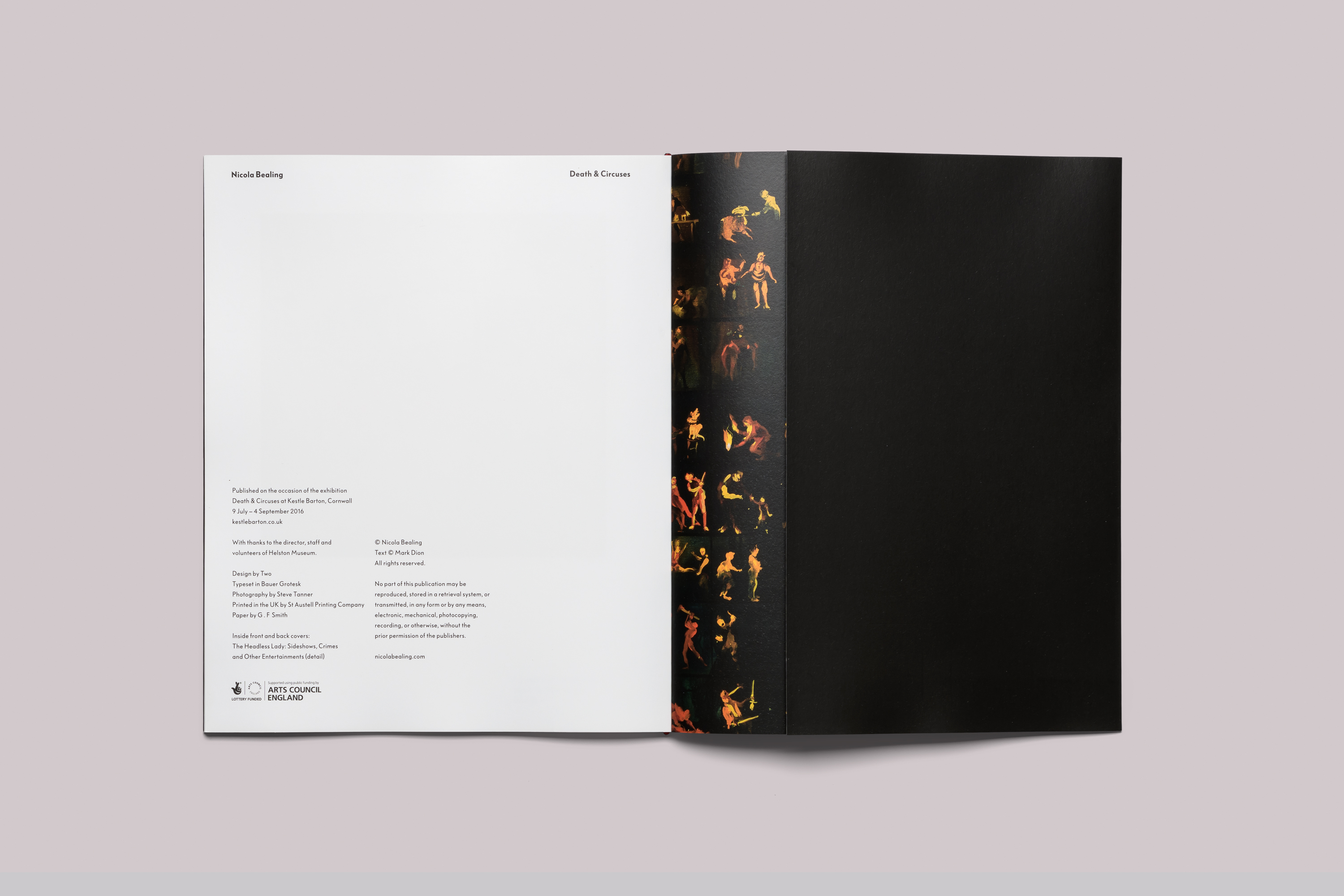 Exhibition catalogue design on the occasion of Nicola Bealing Death & Circuses, presented at Kestle Barton, on the Lizard, in Cornwall.