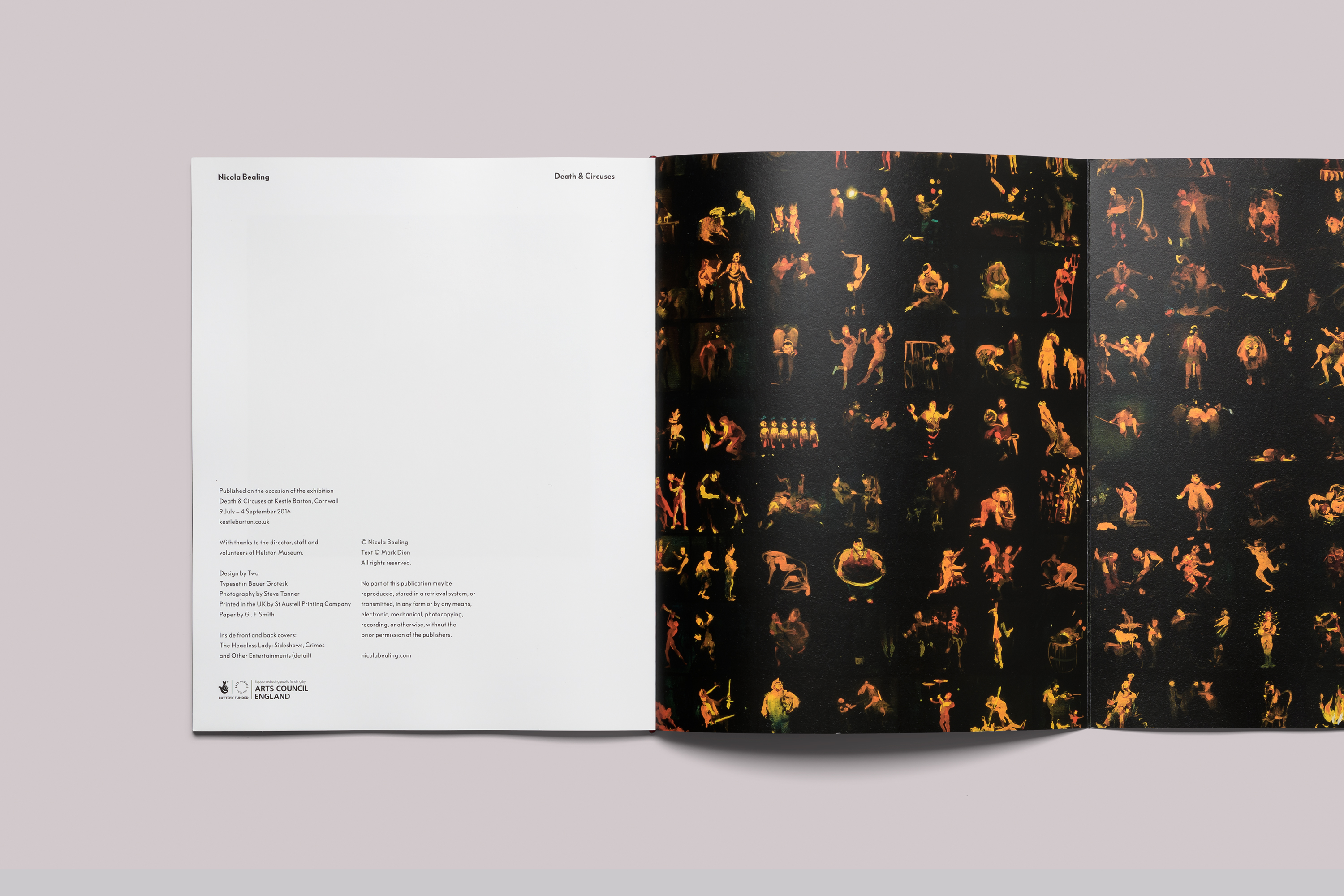 Exhibition catalogue design on the occasion of Nicola Bealing Death & Circuses, presented at Kestle Barton, on the Lizard, in Cornwall.