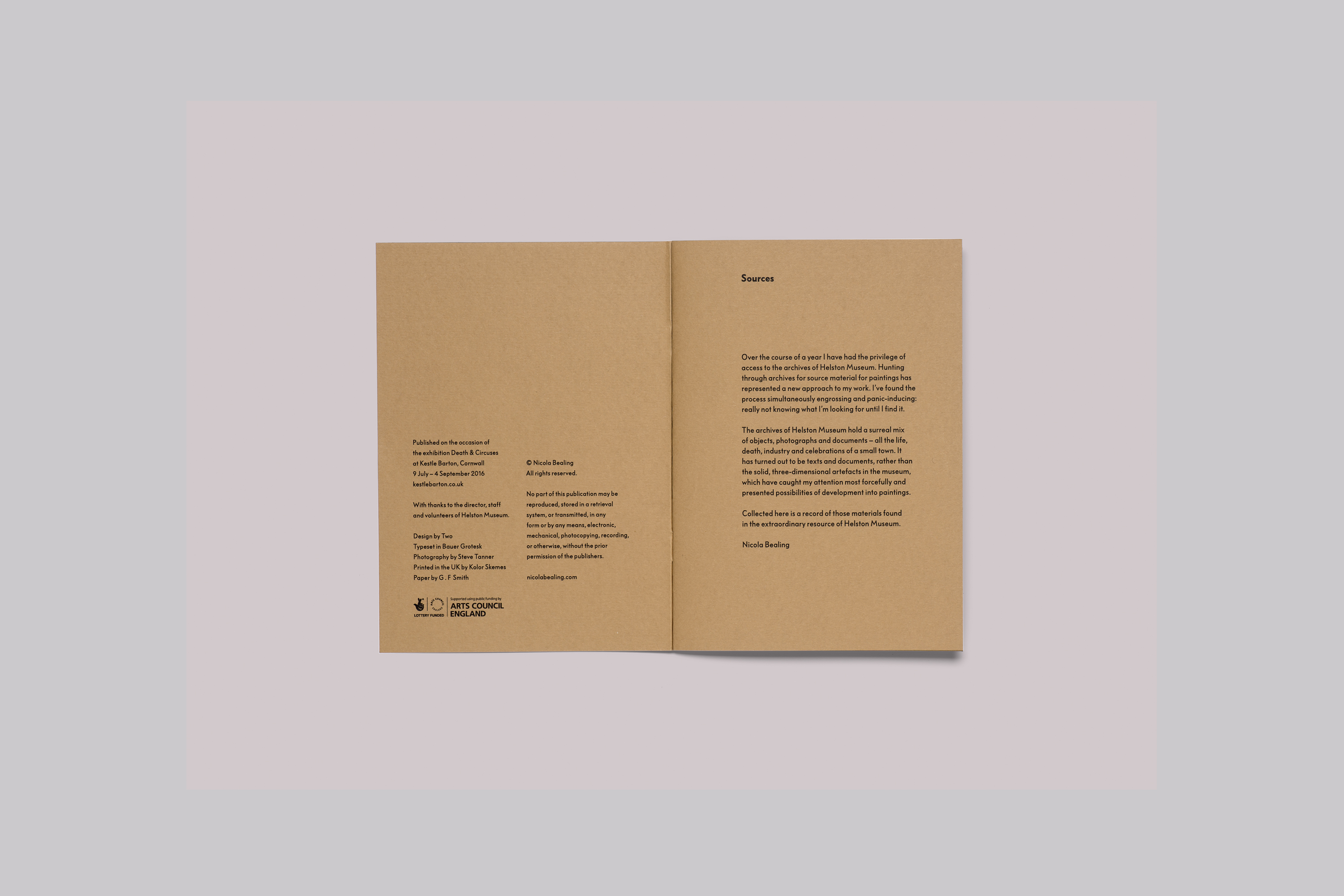 Exhibition catalogue design on the occasion of Nicola Bealing Death & Circuses, presented at Kestle Barton, on the Lizard, in Cornwall.