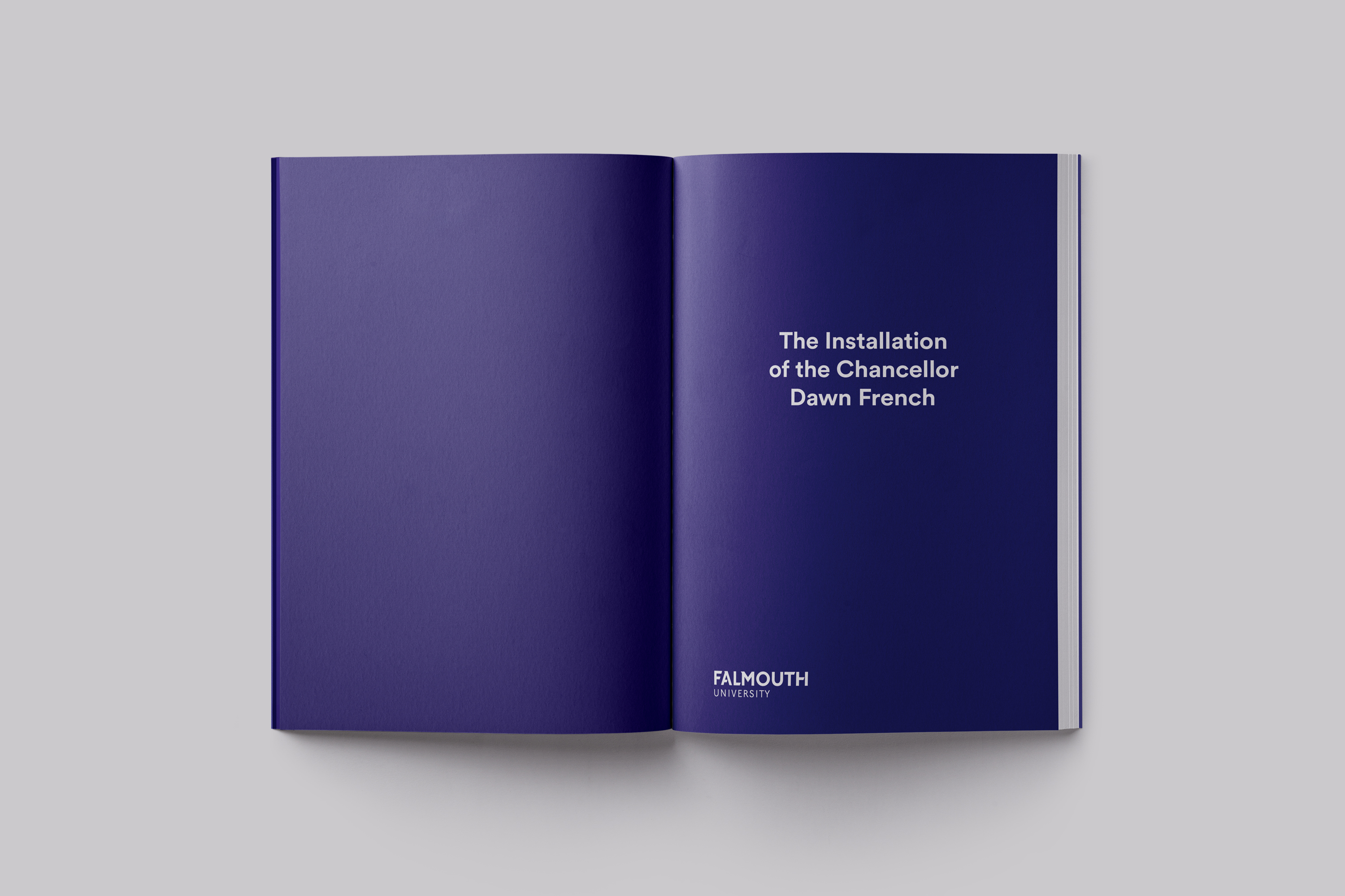 Publication design celebrating the installation of Chancellor Dawn French at Falmouth University