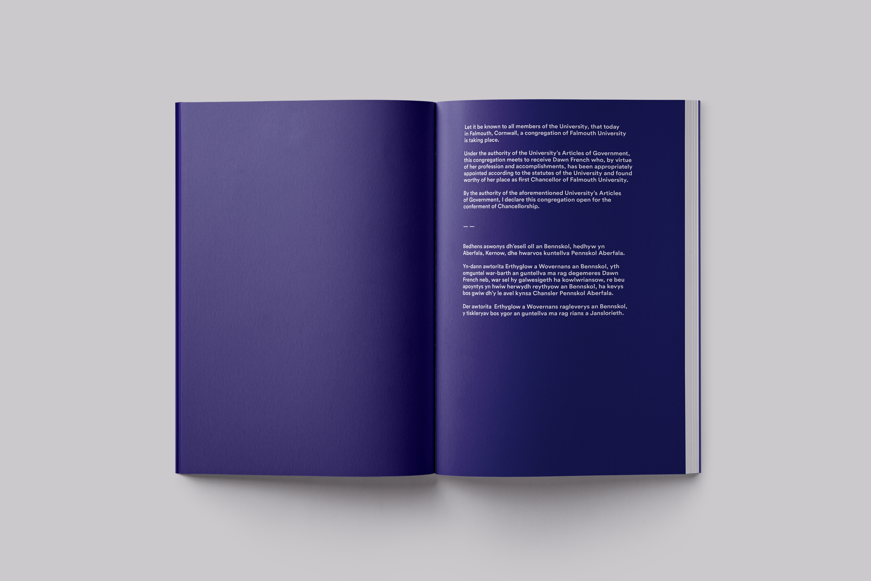 Publication design celebrating the installation of Chancellor Dawn French at Falmouth University