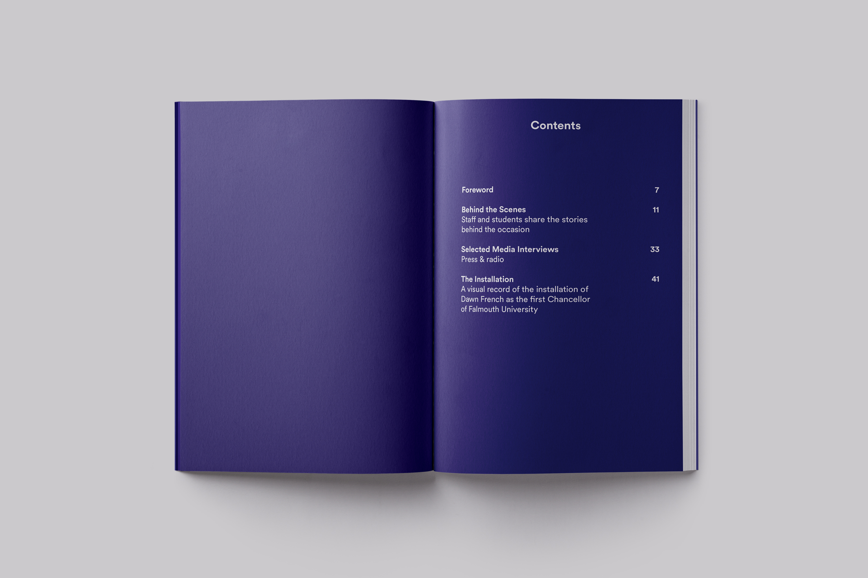 Publication design celebrating the installation of Chancellor Dawn French at Falmouth University