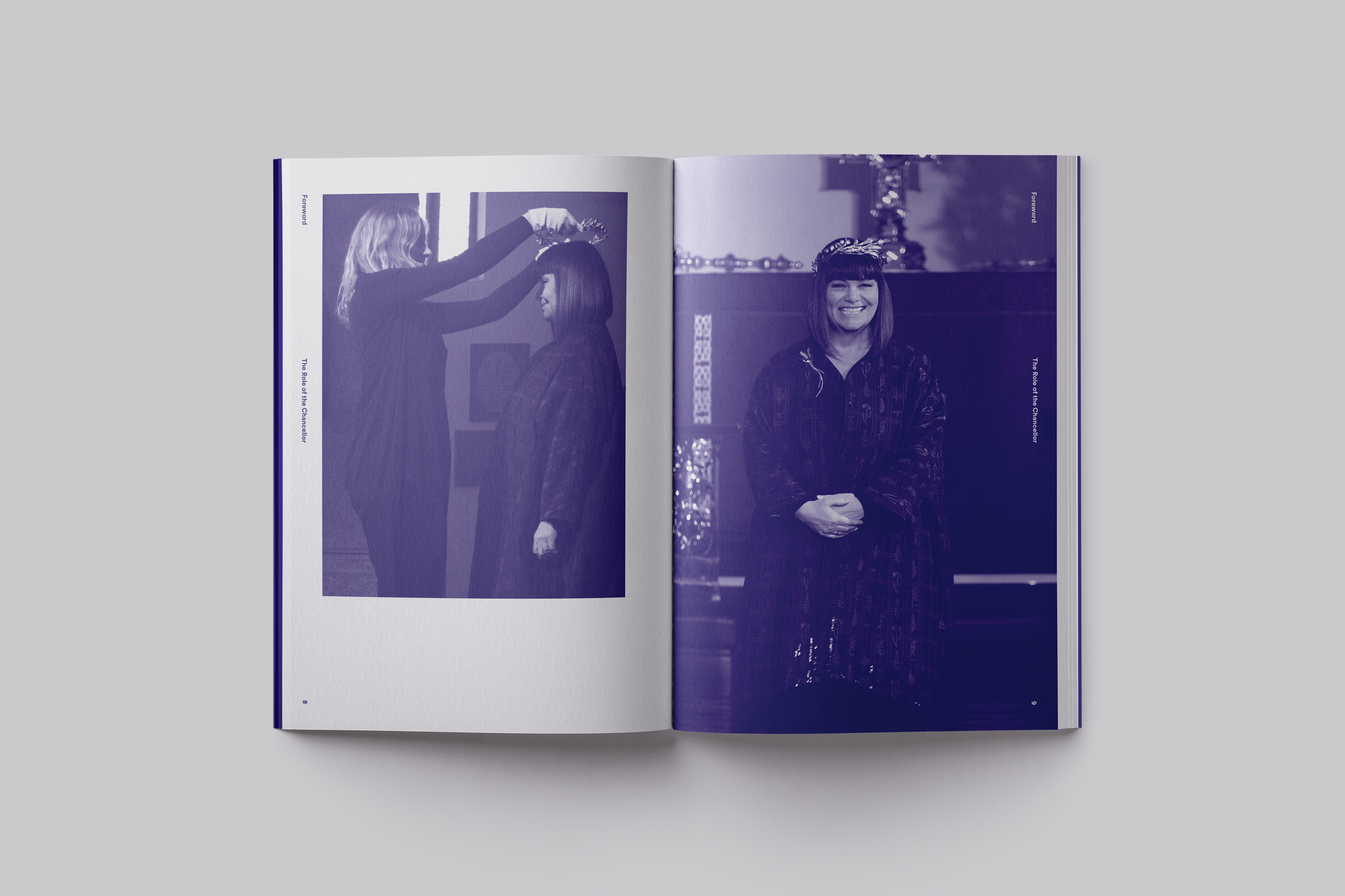 Publication design celebrating the installation of Chancellor Dawn French at Falmouth University
