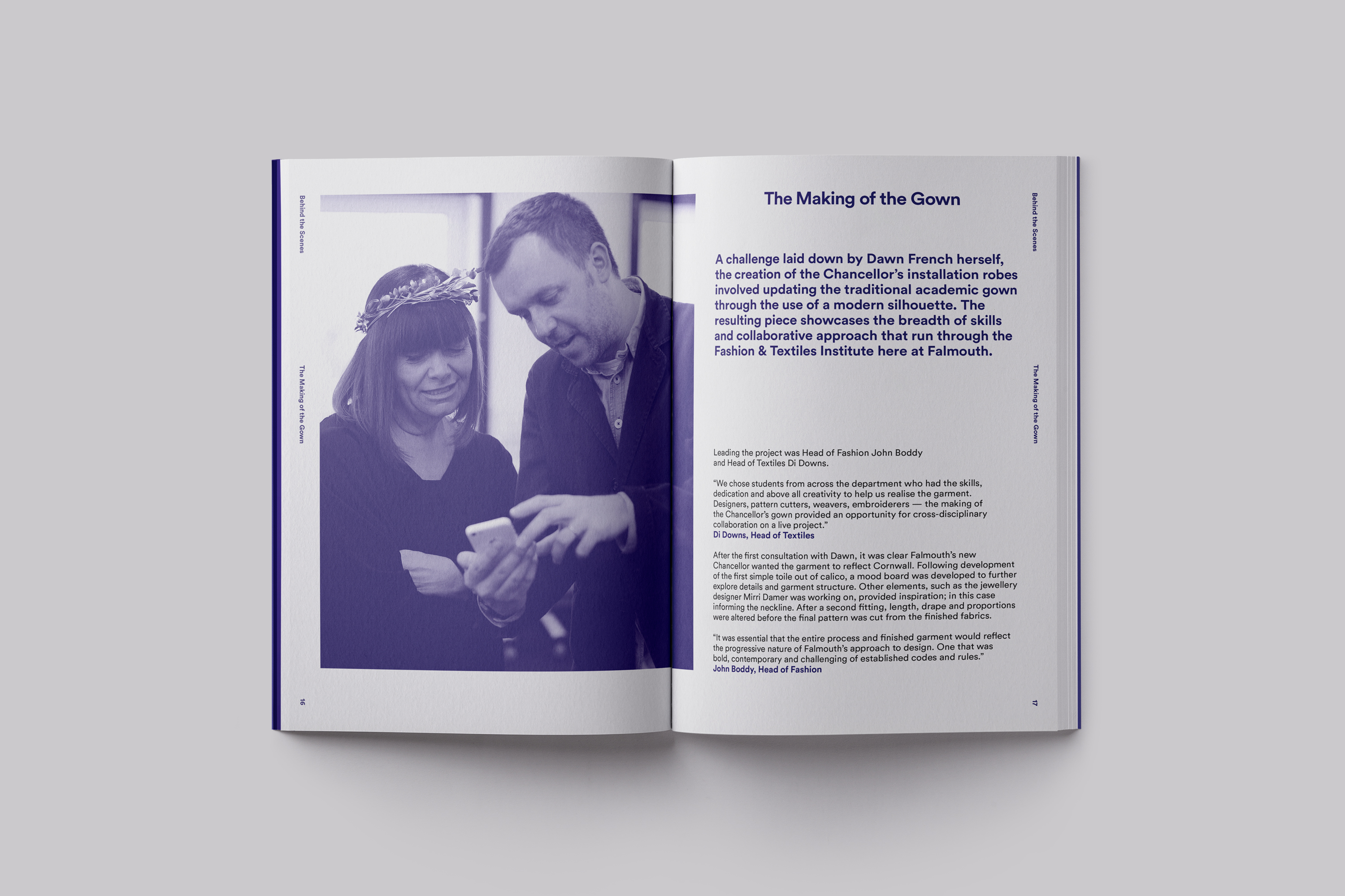 Publication design celebrating the installation of Chancellor Dawn French at Falmouth University