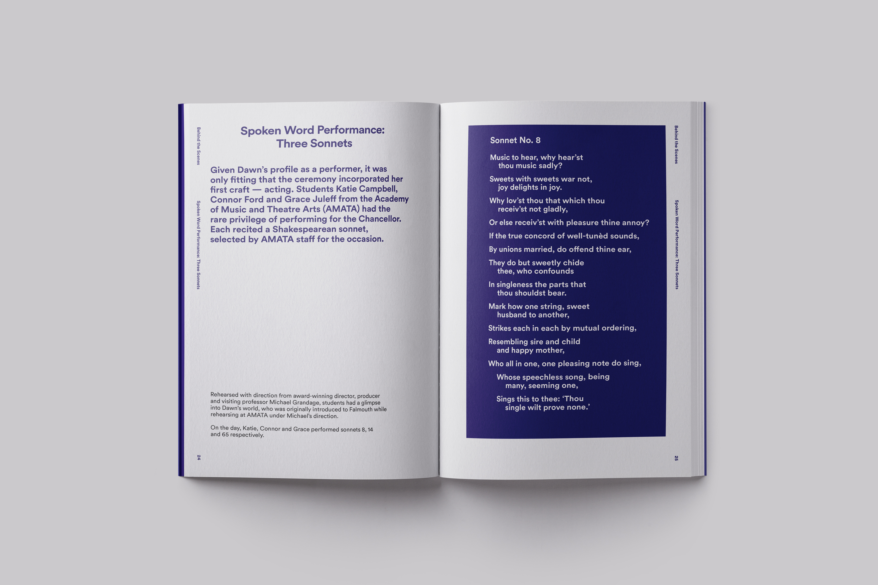 Publication design celebrating the installation of Chancellor Dawn French at Falmouth University