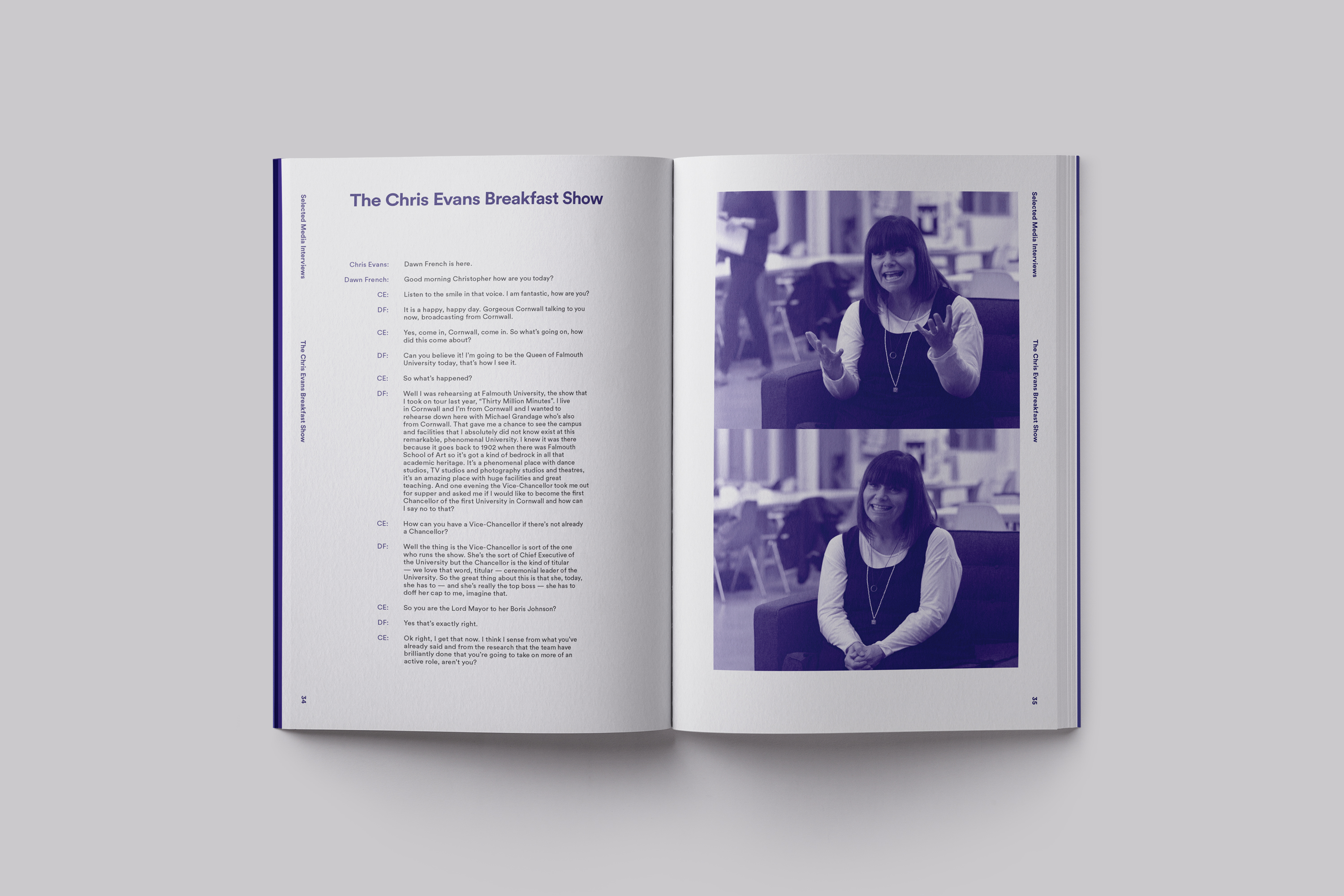 Publication design celebrating the installation of Chancellor Dawn French at Falmouth University