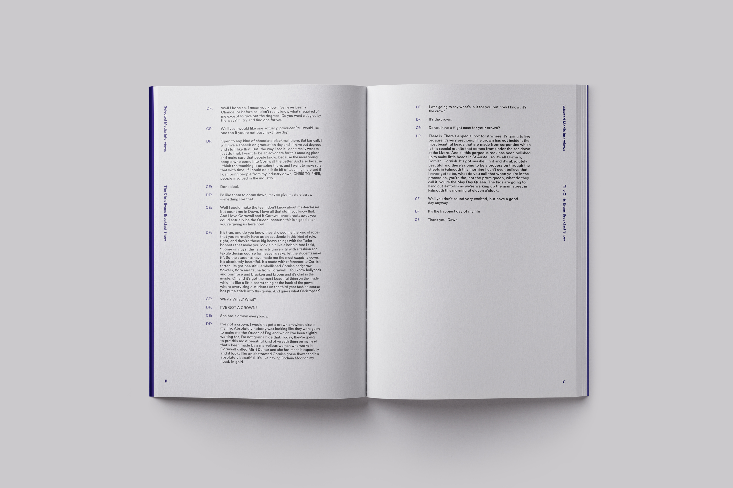 Publication design celebrating the installation of Chancellor Dawn French at Falmouth University