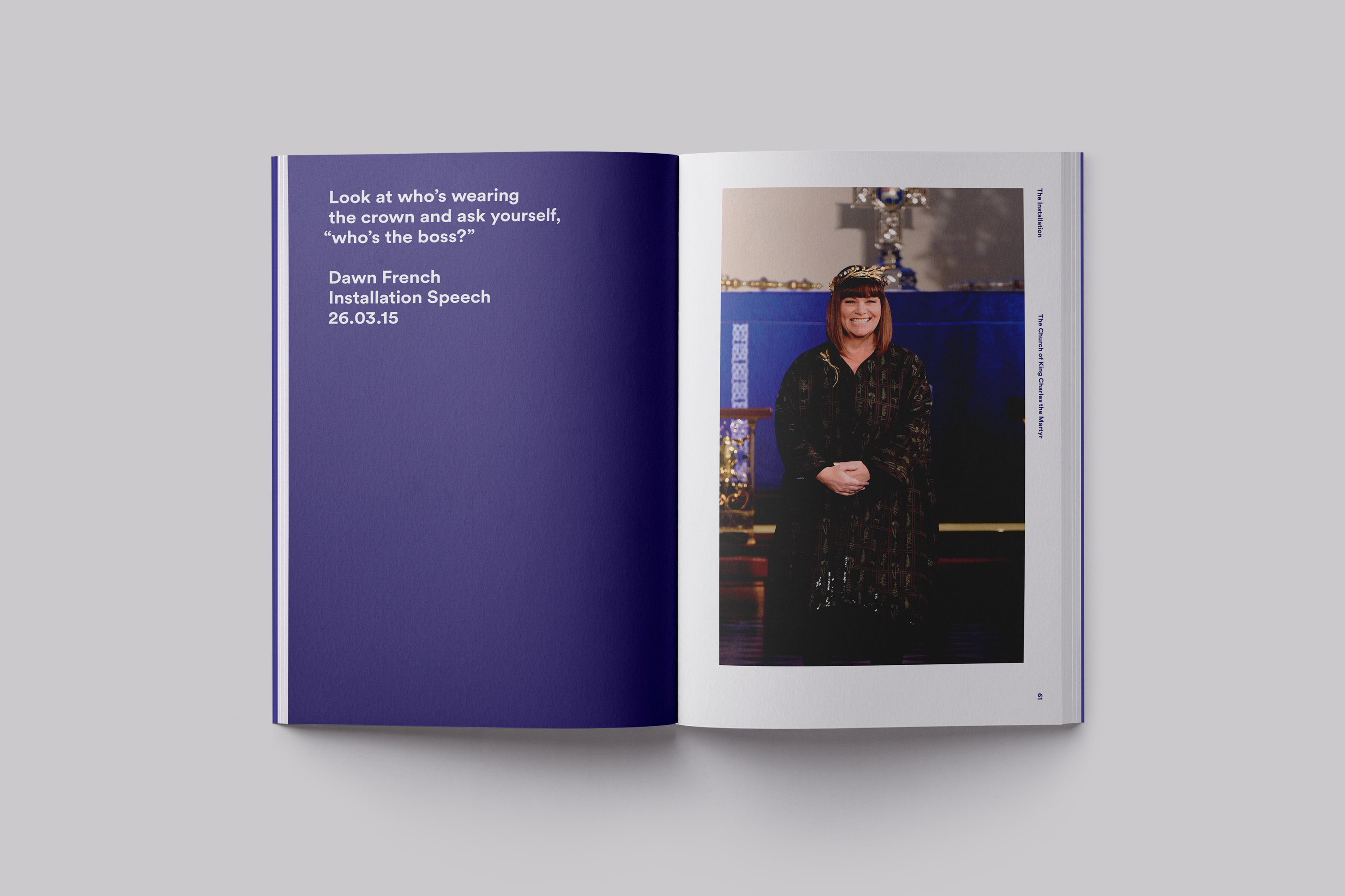 Publication design celebrating the installation of Chancellor Dawn French at Falmouth University