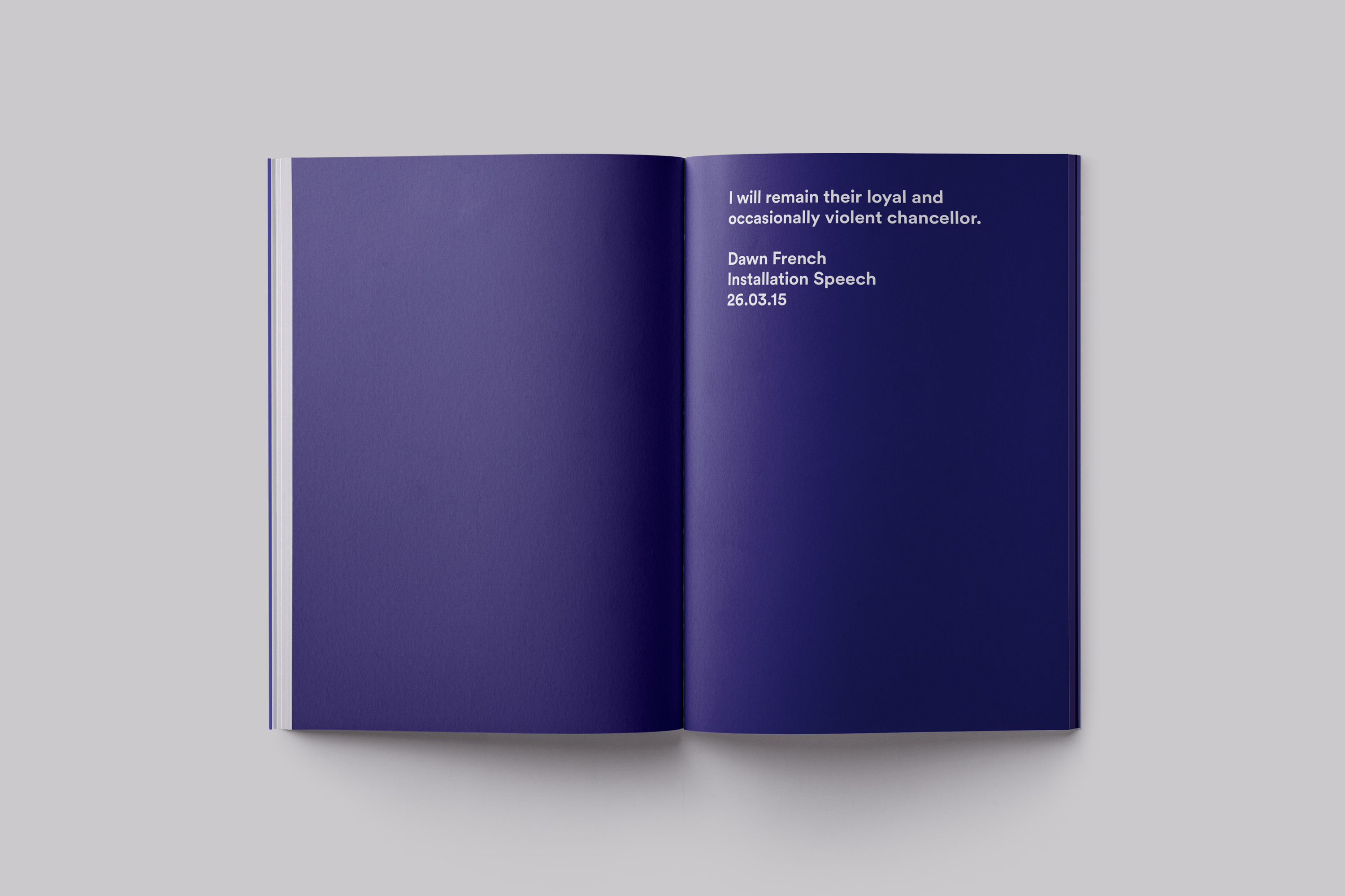 Publication design celebrating the installation of Chancellor Dawn French at Falmouth University
