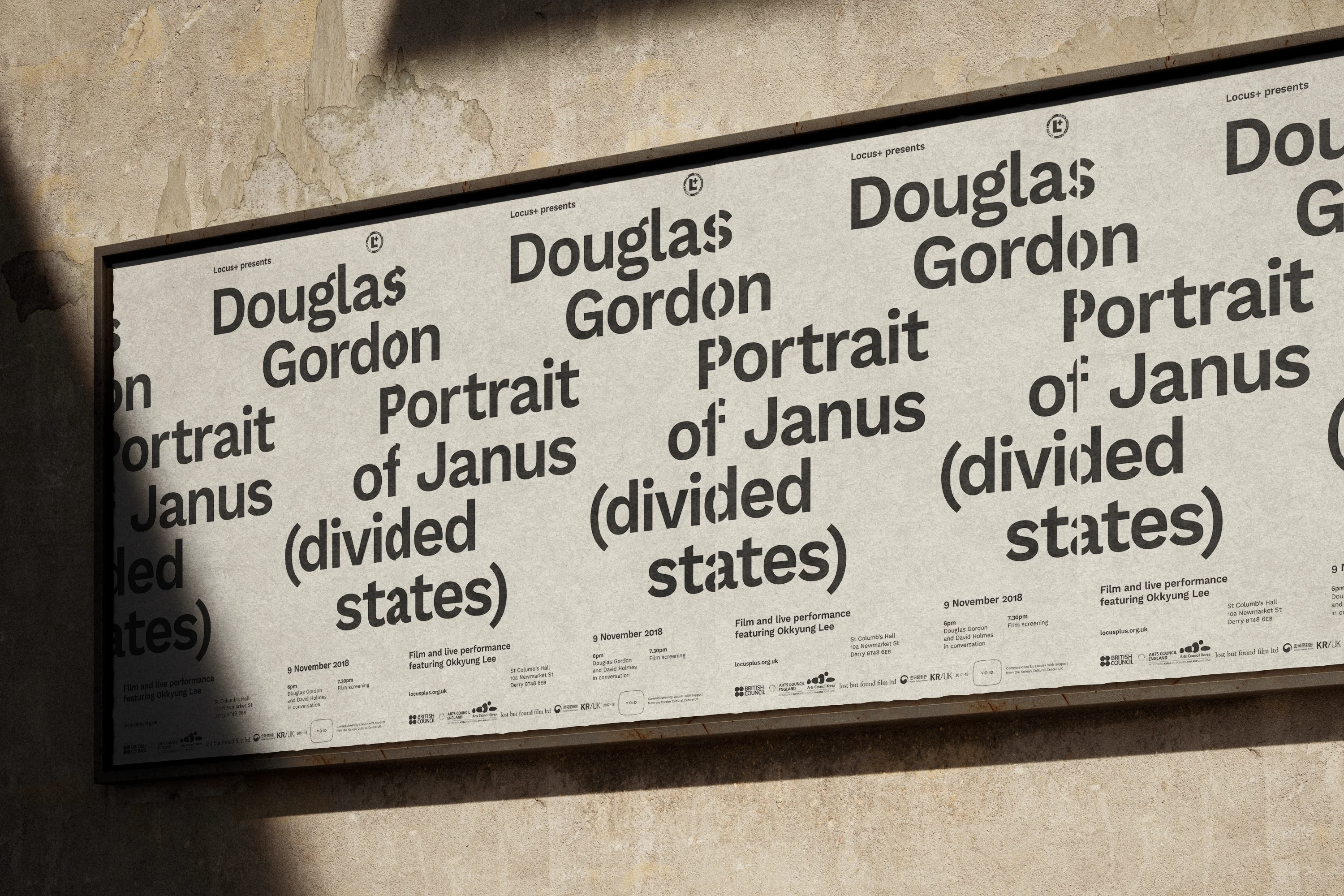 Poster design for Douglas Gordon Portrait of Janus (divided states), commissioned by Locus+