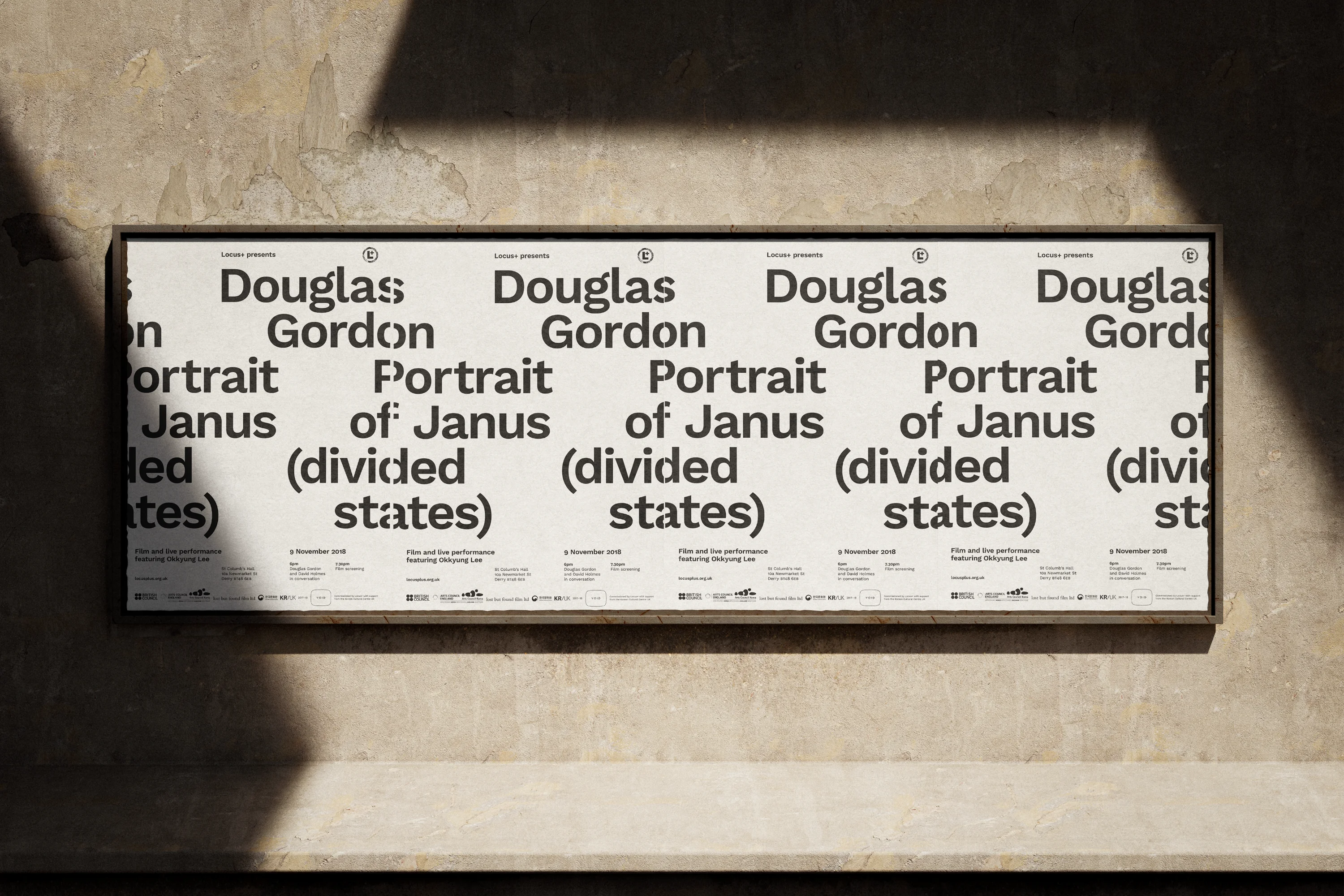 Poster and campaign design for Douglas Gordon Portrait of Janus (divided states), commissioned by Locus+ 