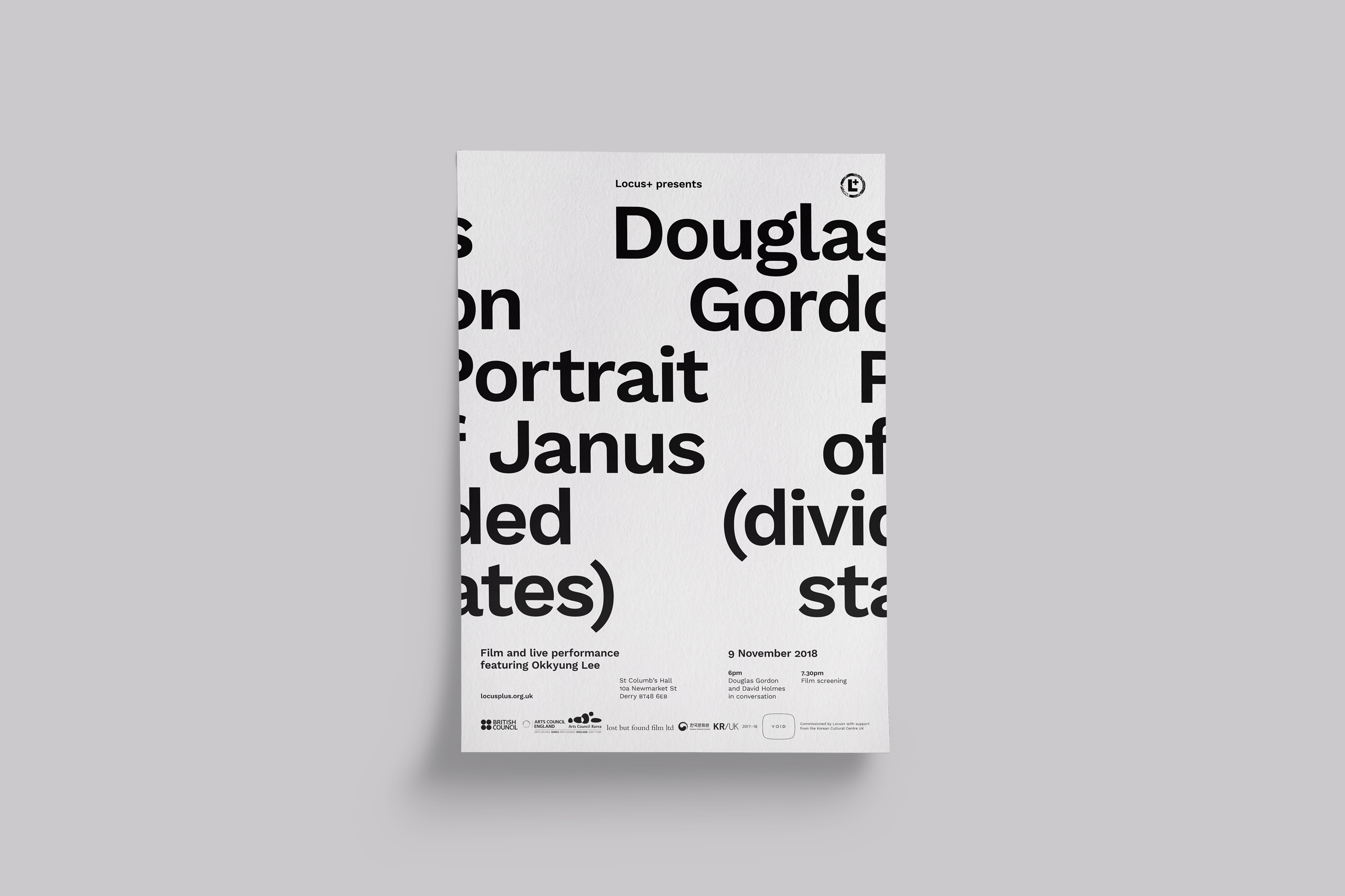 Poster design for Douglas Gordon Portrait of Janus (divided states), commissioned by Locus+