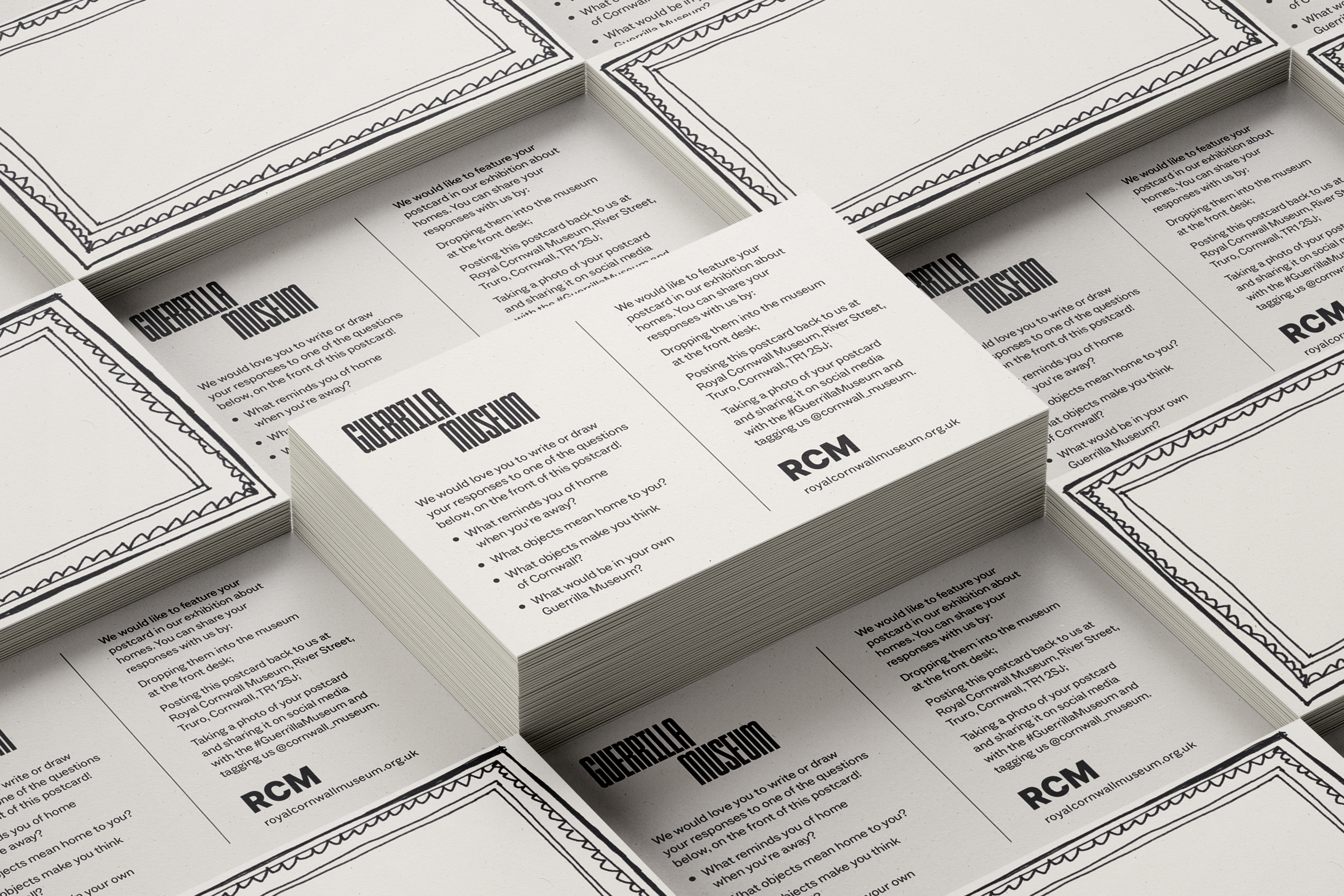 Identity and postcard design for Guerrilla Museum at Royal Cornwall Museum, Truro, Cornwall, UK