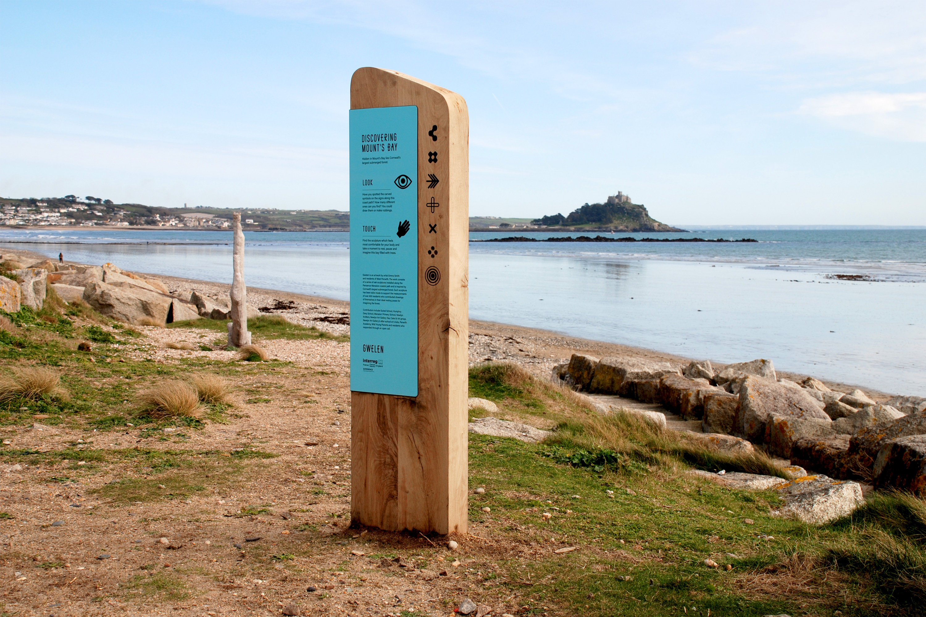 Interpretation design for Gwelen, a public artwork in Mount’s Bay, Cornwall, UK, by artist Emma Smith.