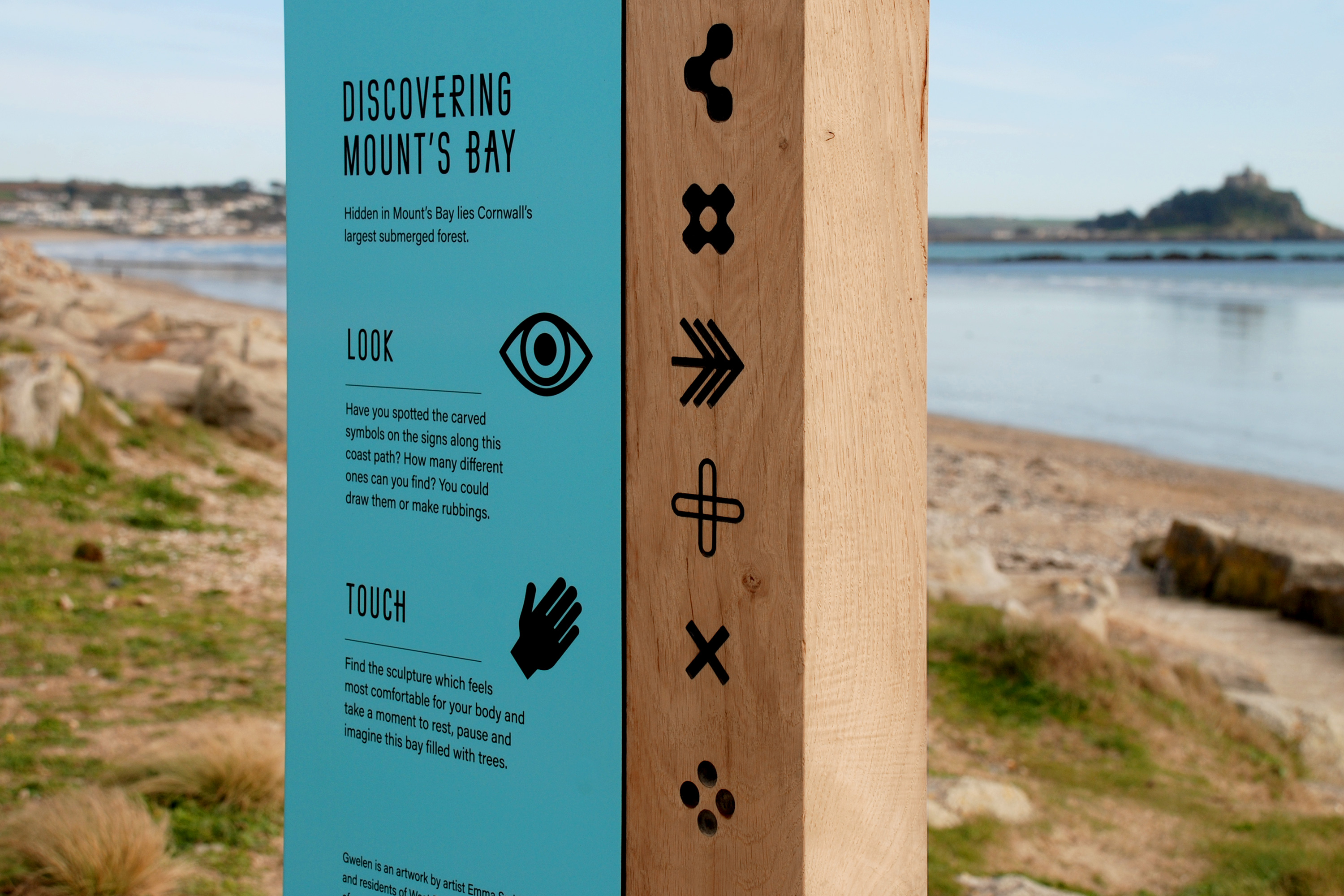 Interpretation design for Gwelen, a public artwork in Mount’s Bay, Cornwall, UK, by artist Emma Smith.
