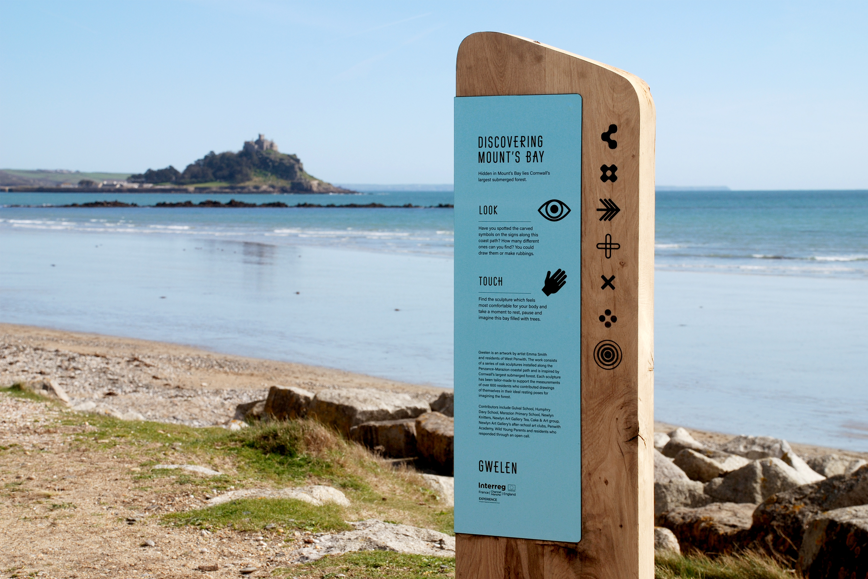 Interpretation design for Gwelen, a public artwork in Mount’s Bay, Cornwall, UK, by artist Emma Smith.