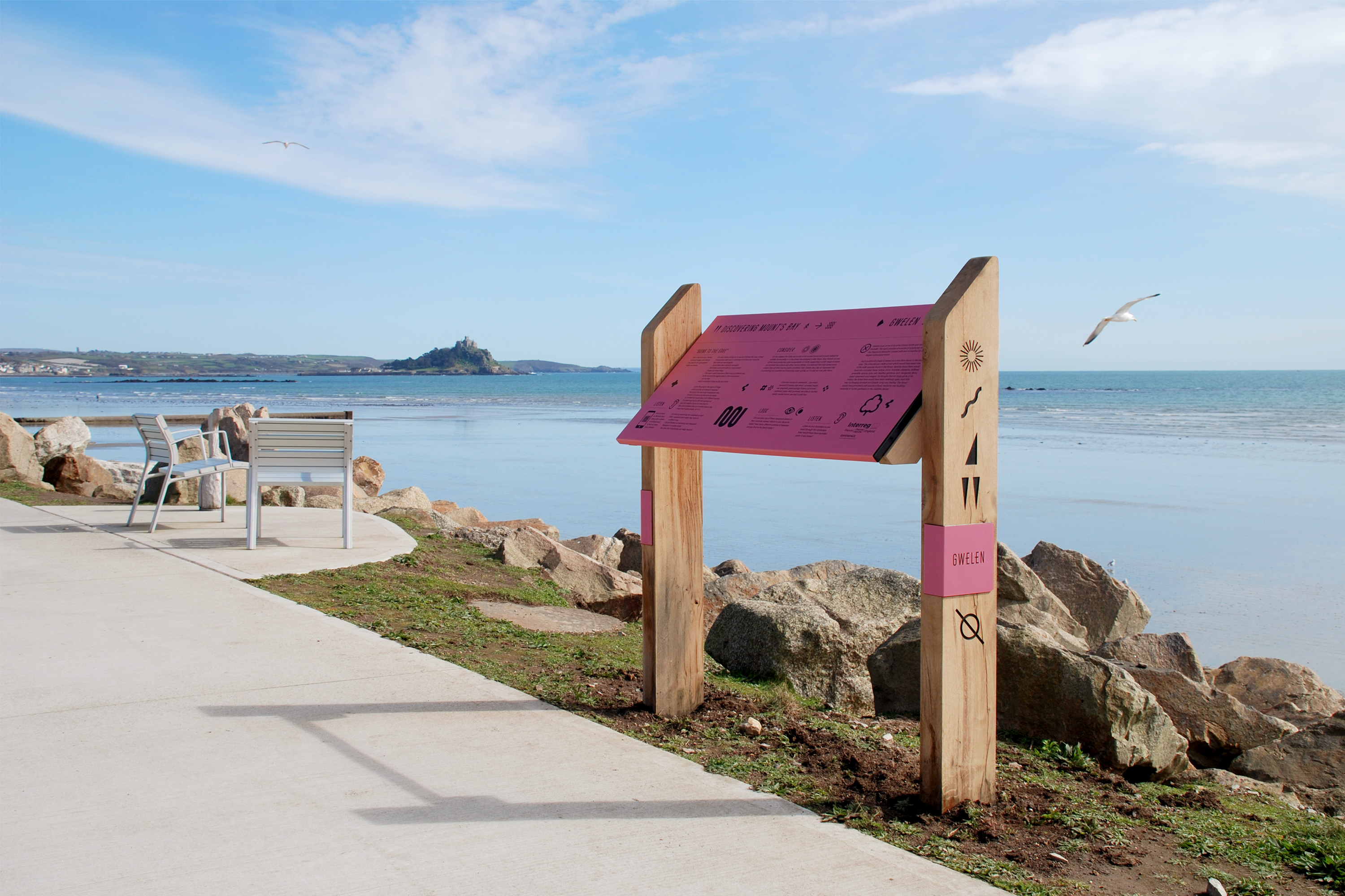 Interpretation design for Gwelen, a public artwork in Mount’s Bay, Cornwall, UK, by artist Emma Smith.
