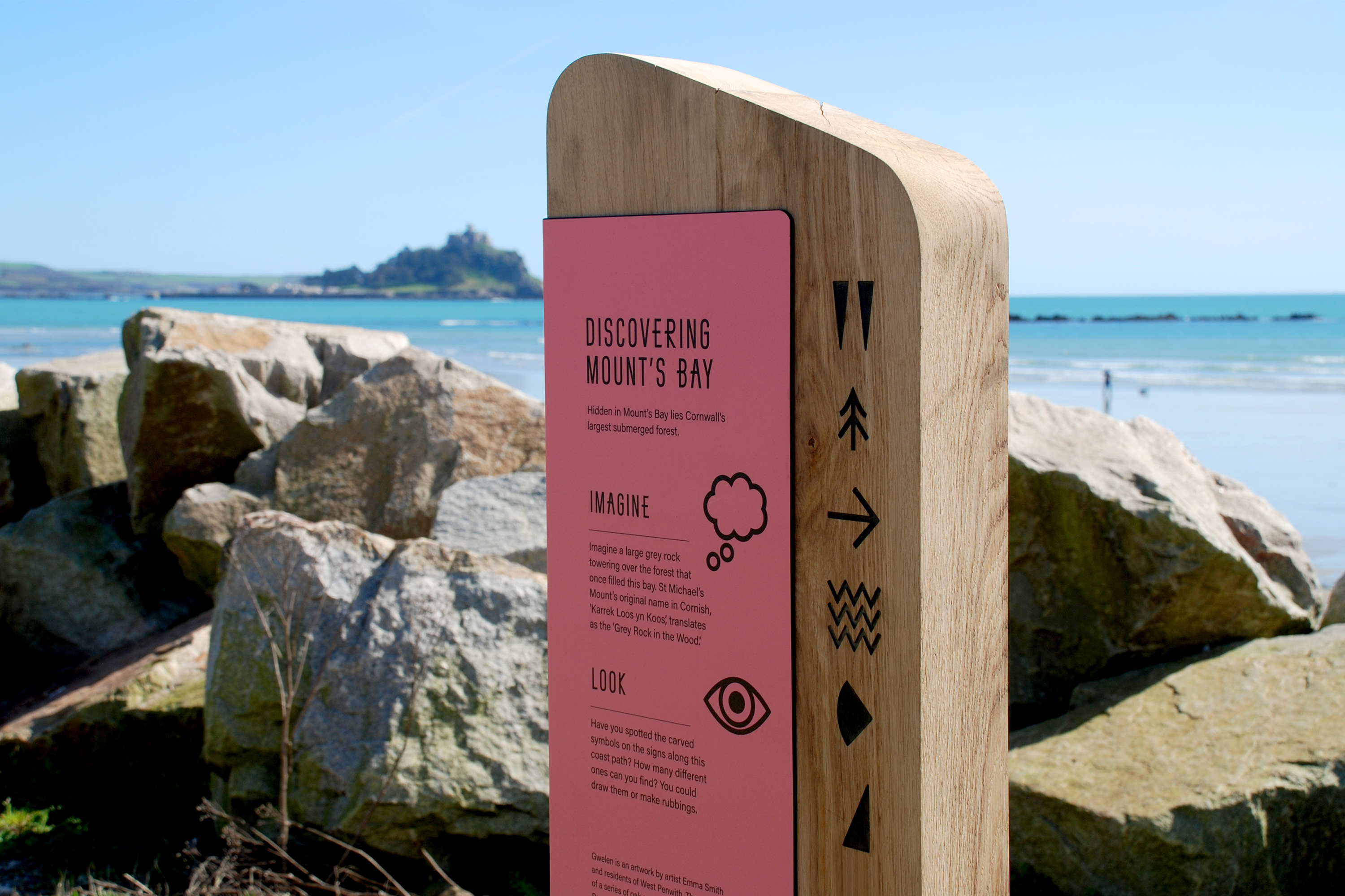 Interpretation design for Gwelen, a public artwork in Mount’s Bay, Cornwall, UK, by artist Emma Smith.