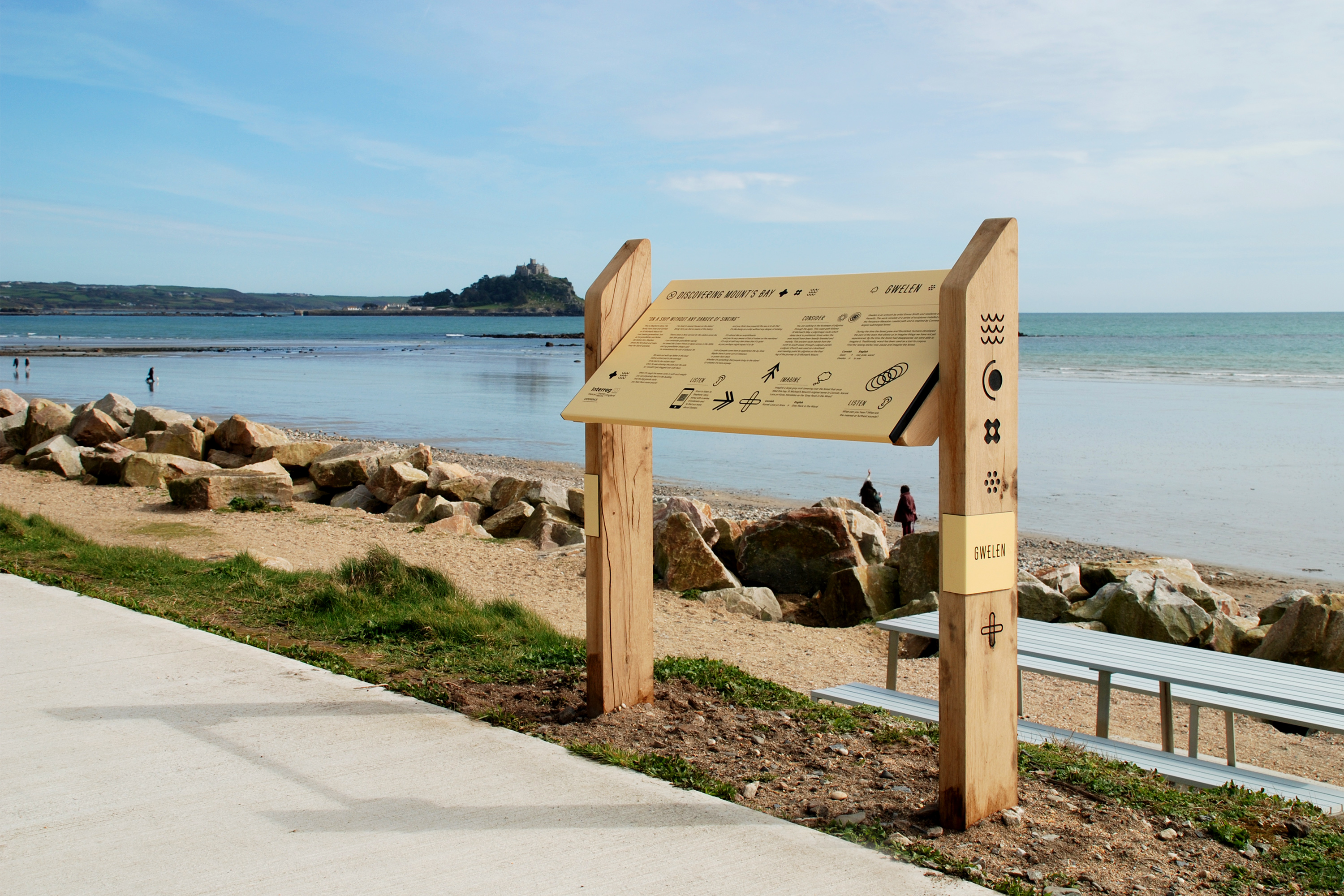 Interpretation design for Gwelen, a public artwork in Mount’s Bay, Cornwall, UK, by artist Emma Smith.