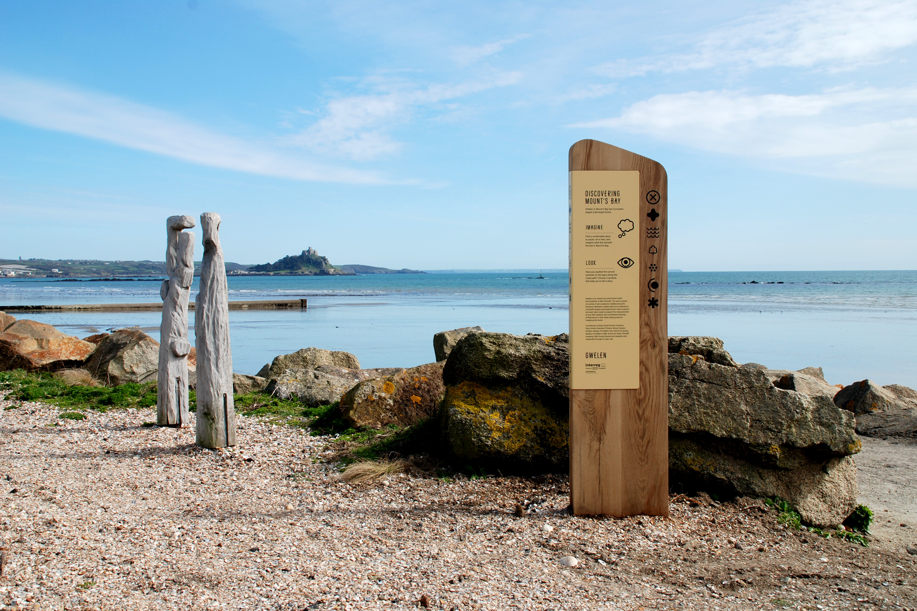 Interpretation design for Gwelen, a public artwork in Mount’s Bay, Cornwall, UK, by artist Emma Smith.