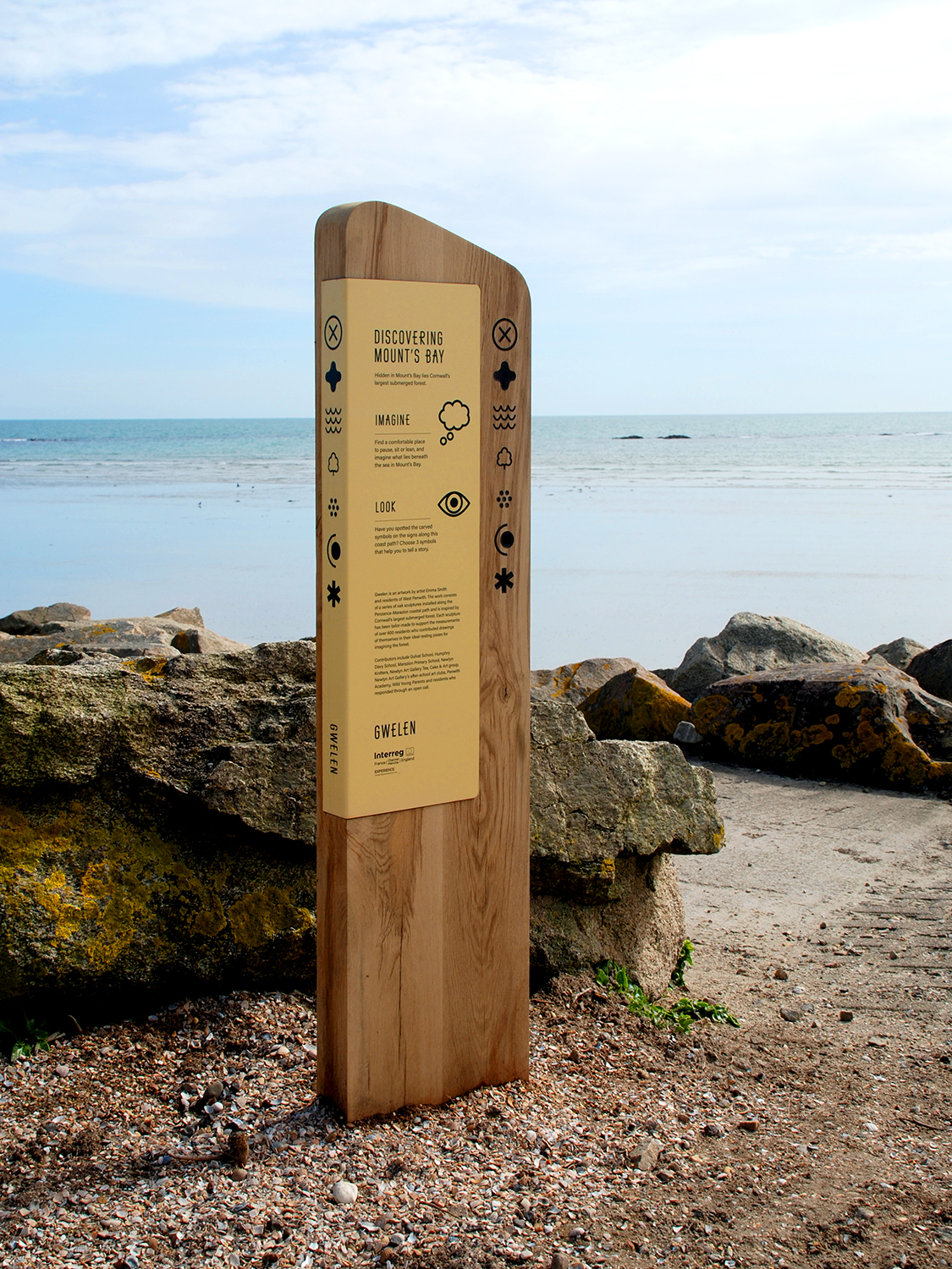 Interpretation design for Gwelen, a public artwork in Mount’s Bay, Cornwall, UK, by artist Emma Smith.