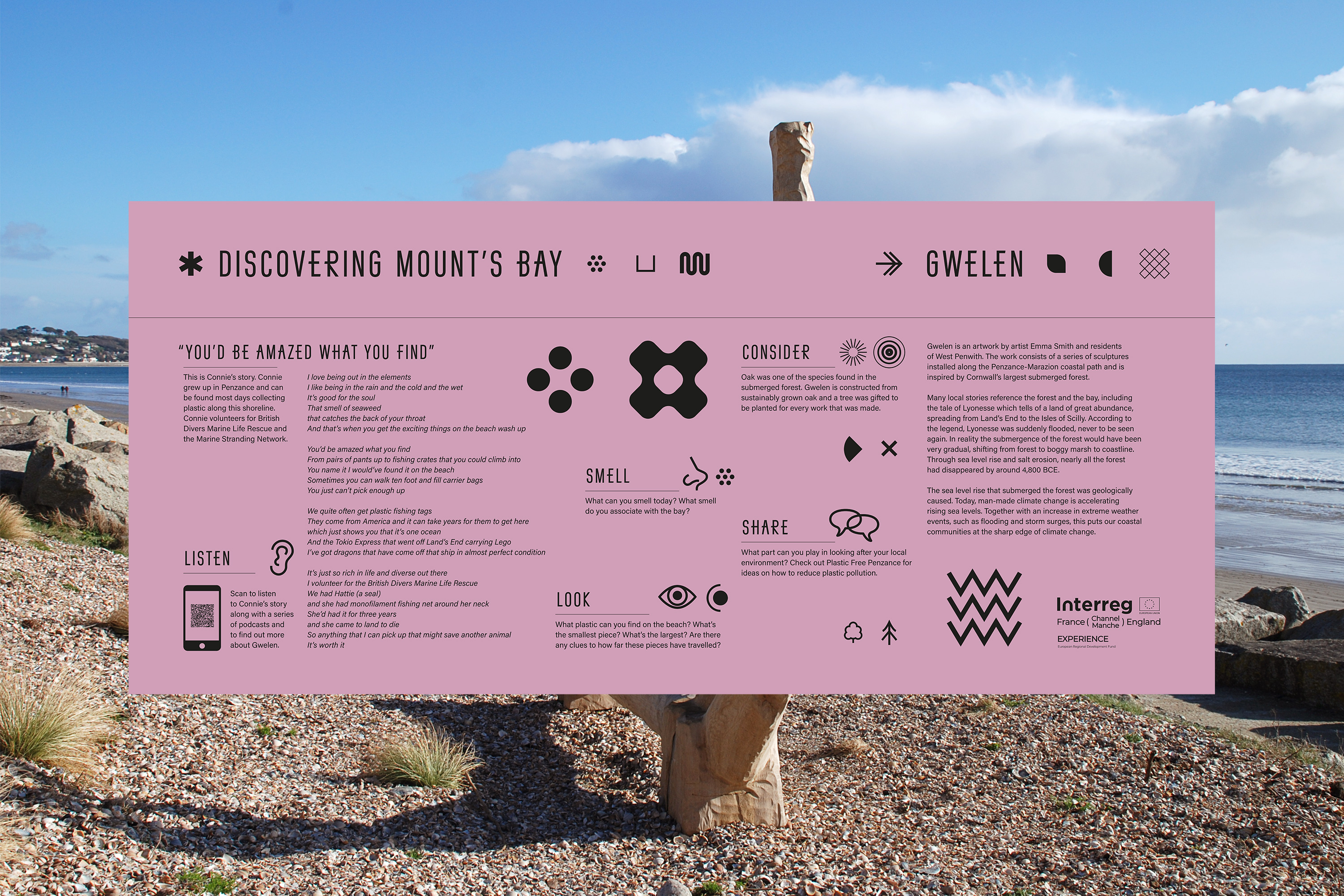 Interpretation design for Gwelen, a public artwork in Mount’s Bay, Cornwall, UK, by artist Emma Smith.