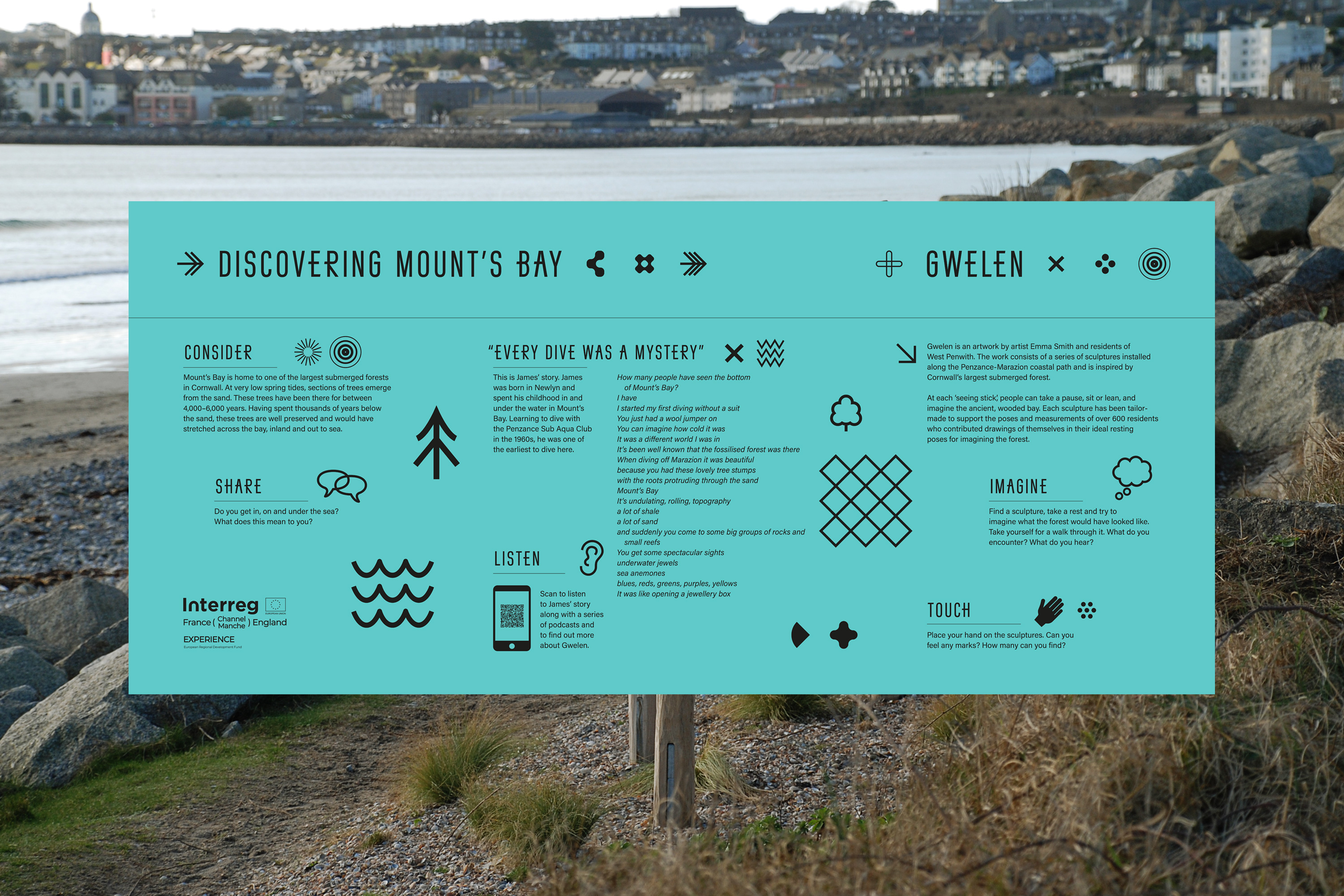 Interpretation design for Gwelen, a public artwork in Mount’s Bay, Cornwall, UK, by artist Emma Smith.