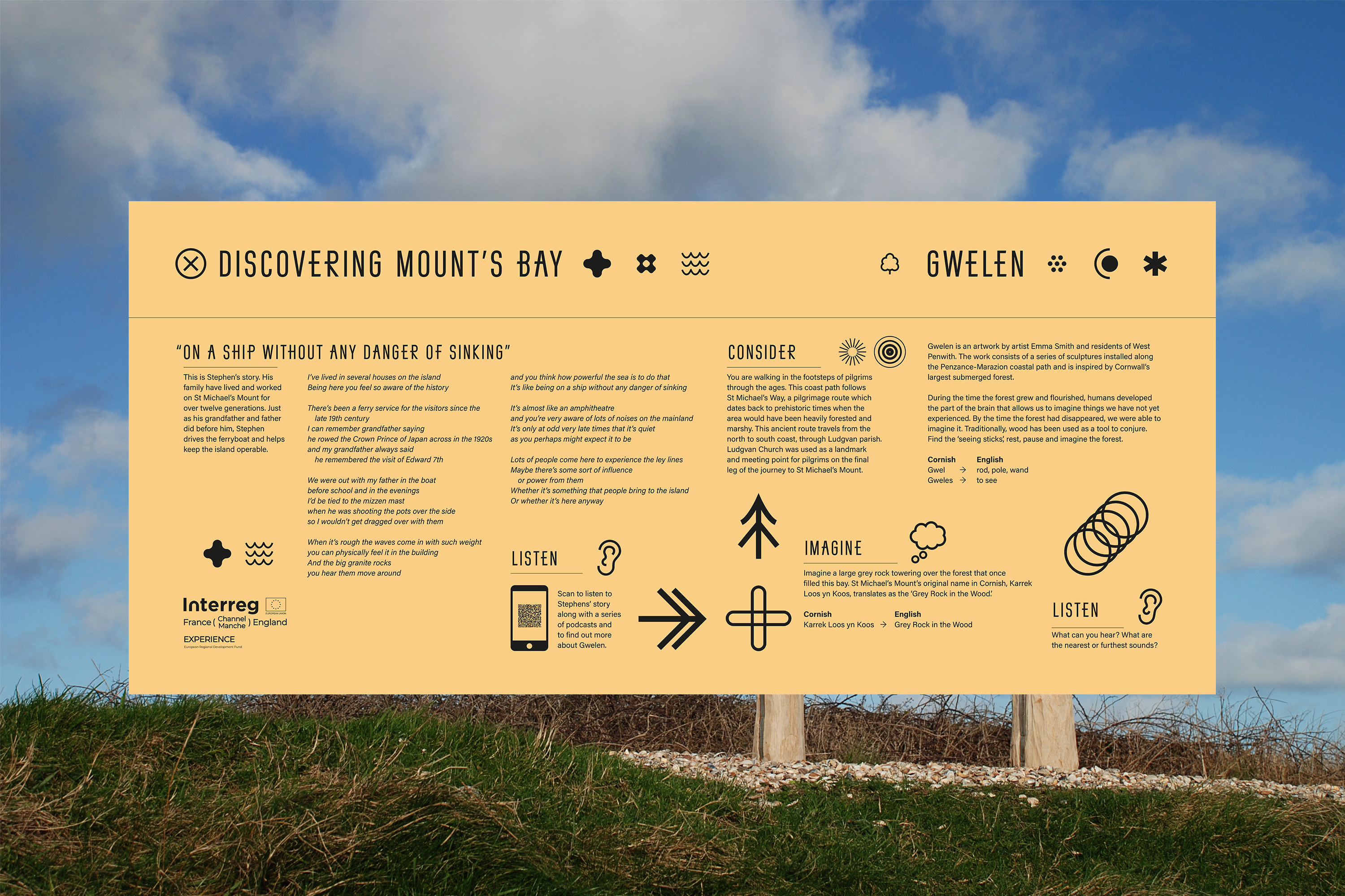 Interpretation design for Gwelen, a public artwork in Mount’s Bay, Cornwall, UK, by artist Emma Smith.