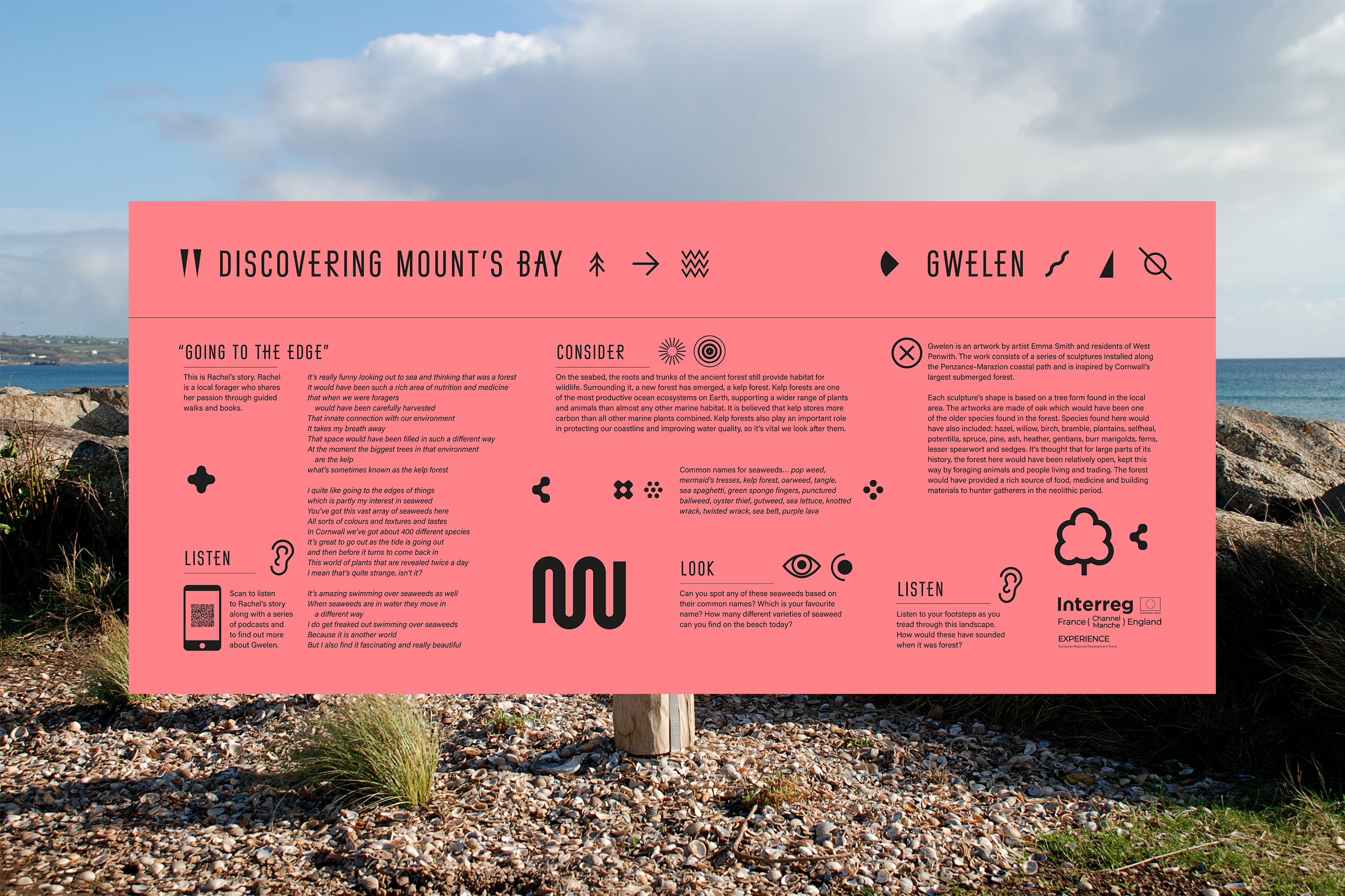 Interpretation design for Gwelen, a public artwork in Mount’s Bay, Cornwall, UK, by artist Emma Smith.