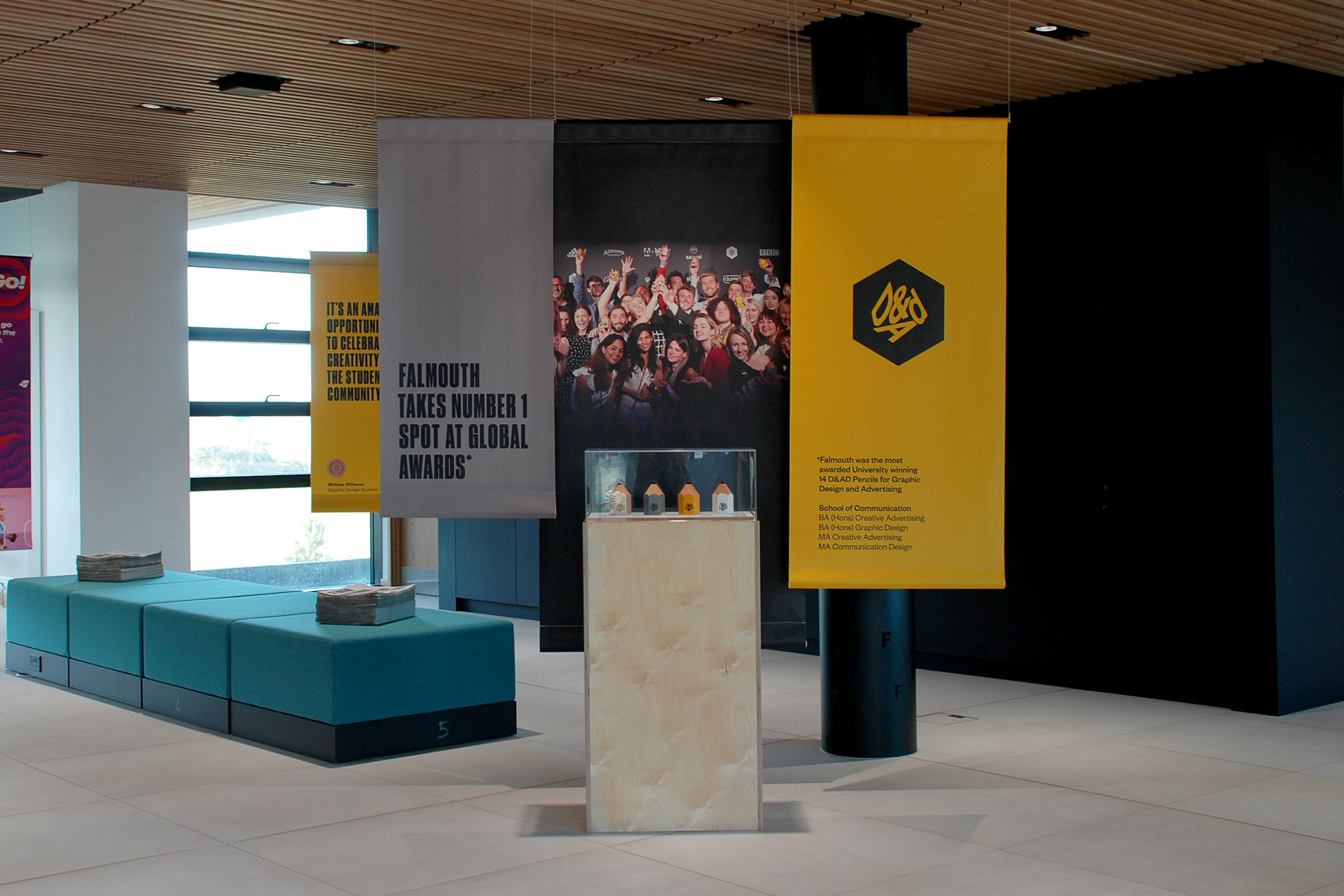 Exhibition design celebrating Falmouth’s achievements at D&AD New Blood