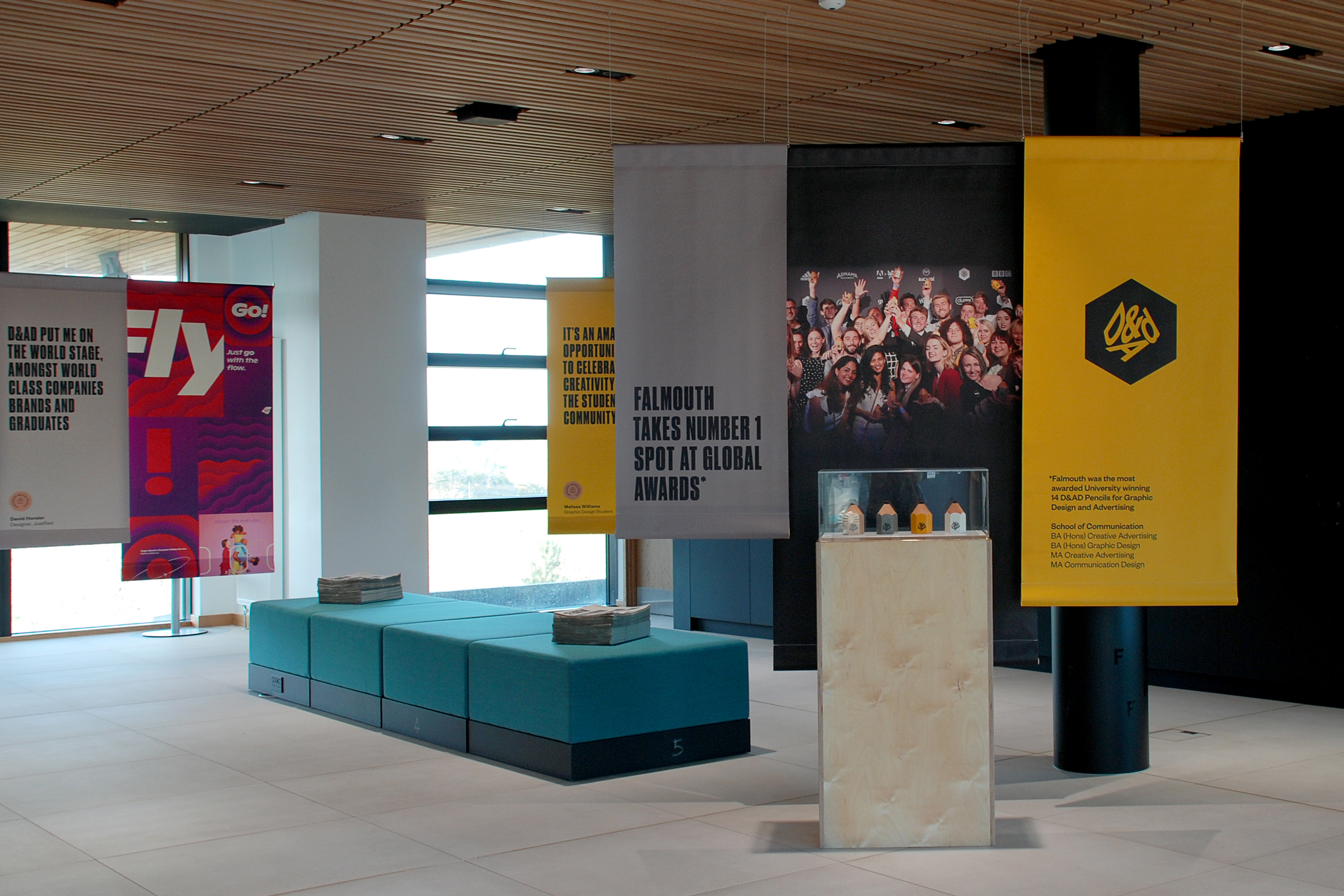 Exhibition design celebrating Falmouth’s achievements at D&AD New Blood 