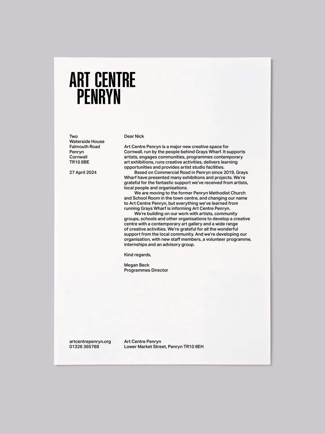 Brand identity design for Art Centre Penryn, a major new creative space for Cornwall